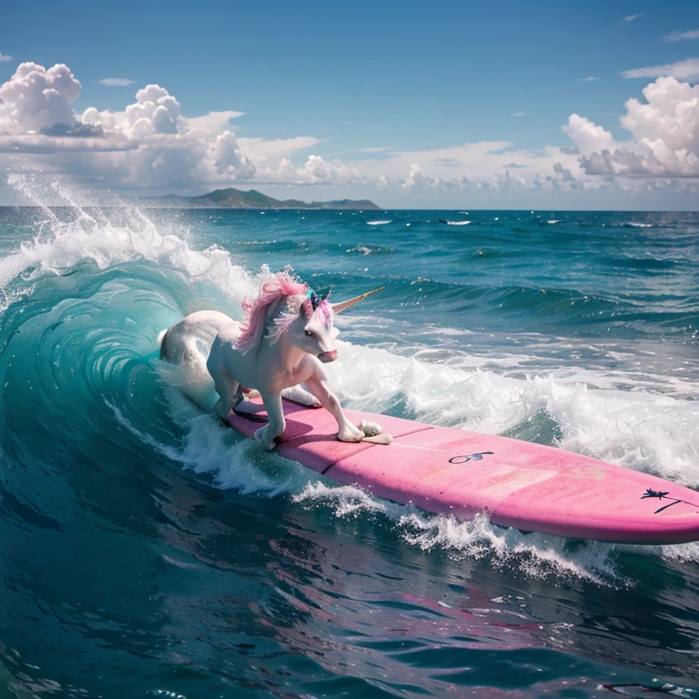 unicorn on a surfboard surfing through waves next to a pink island