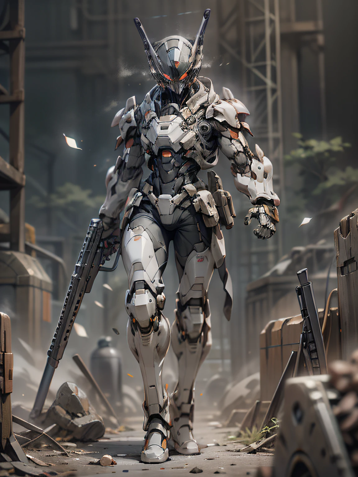 Gunsmith, all black ghost gunsmith, mask covering face, holding submachine gun in the air, super many machine gun weapons, heavy weapons, heavy machine guns, sniper rifles, cannons, Gatling machine guns scattered on the ground, carrying weapon firearms, pistol on the waist, sniper rifle behind back, super cool ghost gunsmith, weapon god, male, ninja, metal mech, with a black mask, wearing black mechanical armor, glowing red eyes, perfect body proportions, full body photo, looking up perspective, super detail, IP by pop mart, edge light, avatar, octane rendering, blender, clean black background, 3d, c4d, best quality, very detailed, ancient technology, HDR (high dynamic range), ray tracing, nvidia rtx, super resolution, unreal 5, subsurface scattering, PBR texture, post-processing, anisotropic filtering, depth of field, maximum sharpness and sharpness, multi-layer textures, albedo and highlight maps, surface shading, accurate simulation of light-material interactions, perfect proportions, Octane rendering, duotone lighting, low ISO, white balance, rule of thirds, wide aperture, 8K RAW, high efficiency sub-pixel, subpixel convolution, luminescent particles, light scattering, Tyndall effect
