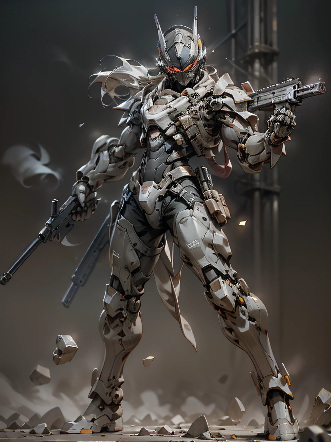 Gunsmith, all black ghost gunsmith, mask covering face, holding submachine gun in the air, super many machine gun weapons, heavy weapons, heavy machine guns, sniper rifles, cannons, Gatling machine guns scattered on the ground, carrying weapon firearms, pistol on the waist, sniper rifle behind back, super cool ghost gunsmith, weapon god, male, ninja, metal mech, with a black mask, wearing black mechanical armor, glowing red eyes, perfect body proportions, full body photo, looking up perspective, super detail, IP by pop mart, edge light, avatar, octane rendering, blender, clean black background, 3d, c4d, best quality, very detailed, ancient technology, HDR (high dynamic range), ray tracing, nvidia rtx, super resolution, unreal 5, subsurface scattering, PBR texture, post-processing, anisotropic filtering, depth of field, maximum sharpness and sharpness, multi-layer textures, albedo and highlight maps, surface shading, accurate simulation of light-material interactions, perfect proportions, Octane rendering, duotone lighting, low ISO, white balance, rule of thirds, wide aperture, 8K RAW, high efficiency sub-pixel, subpixel convolution, luminescent particles, light scattering, Tyndall effect