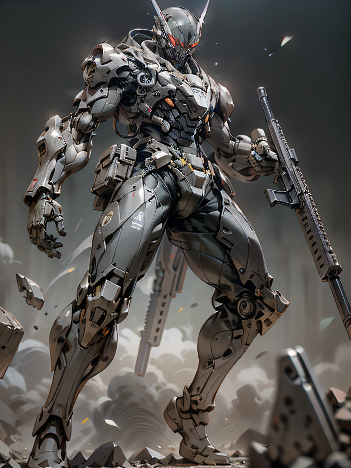 Gunsmith, all black ghost gunsmith, mask covering face, holding submachine gun in the air, super many machine gun weapons, heavy weapons, heavy machine guns, sniper rifles, cannons, Gatling machine guns scattered on the ground, carrying weapon firearms, pistol on the waist, sniper rifle behind back, super cool ghost gunsmith, weapon god, male, ninja, metal mech, with a black mask, wearing black mechanical armor, glowing red eyes, perfect body proportions, full body photo, looking up perspective, super detail, IP by pop mart, edge light, avatar, octane rendering, blender, clean black background, 3d, c4d, best quality, very detailed, ancient technology, HDR (high dynamic range), ray tracing, nvidia rtx, super resolution, unreal 5, subsurface scattering, PBR texture, post-processing, anisotropic filtering, depth of field, maximum sharpness and sharpness, multi-layer textures, albedo and highlight maps, surface shading, accurate simulation of light-material interactions, perfect proportions, Octane rendering, duotone lighting, low ISO, white balance, rule of thirds, wide aperture, 8K RAW, high efficiency sub-pixel, subpixel convolution, luminescent particles, light scattering, Tyndall effect