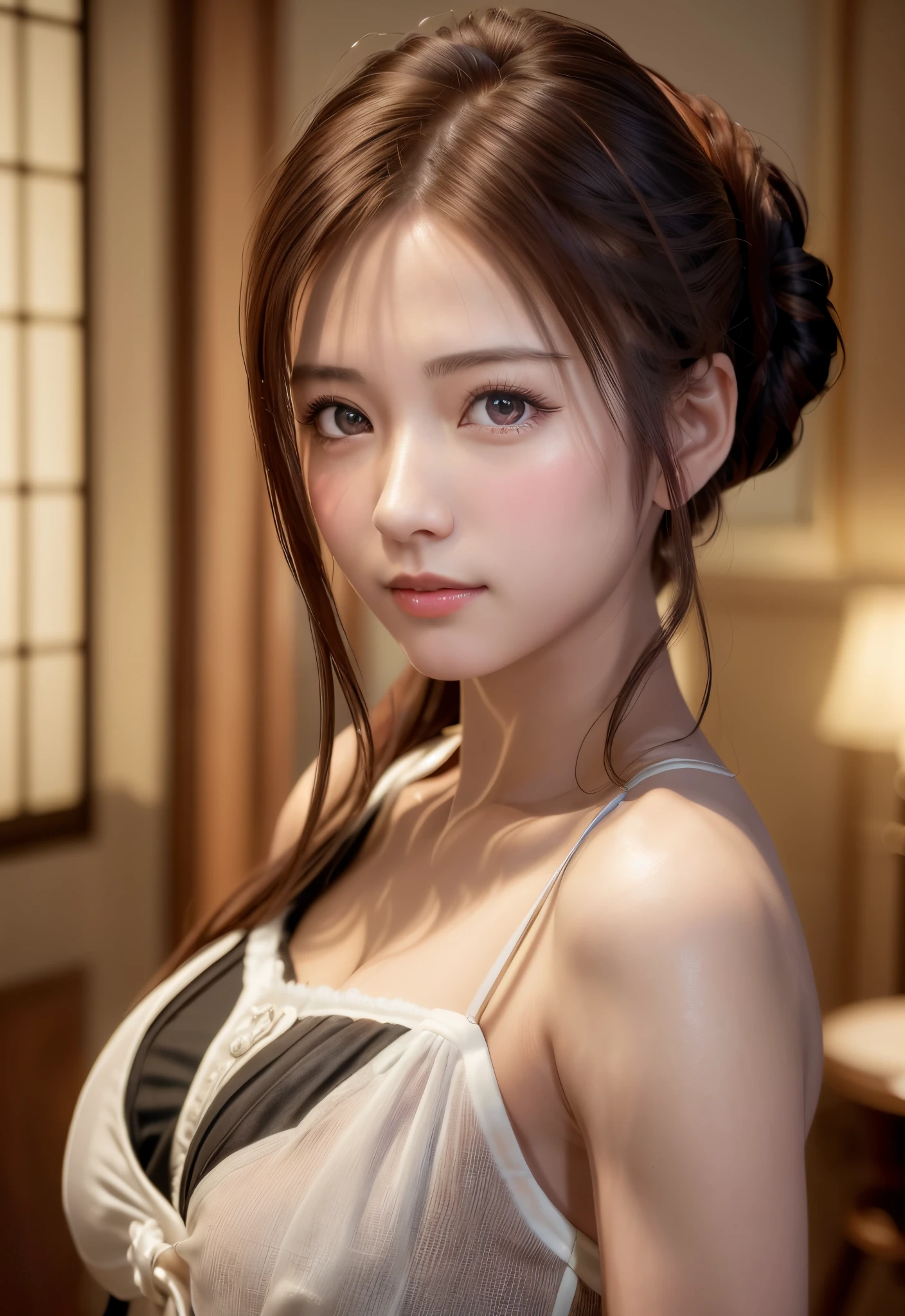 8K, of the highest quality, masutepiece:1.2), (Realistic, Photorealsitic:1.37), of the highest quality, masutepiece, Beautiful young woman, Pensive expression,、A charming、and an inviting look, Cute Maid Clothes, Hair tied back, Cinematic background, Light skin tone