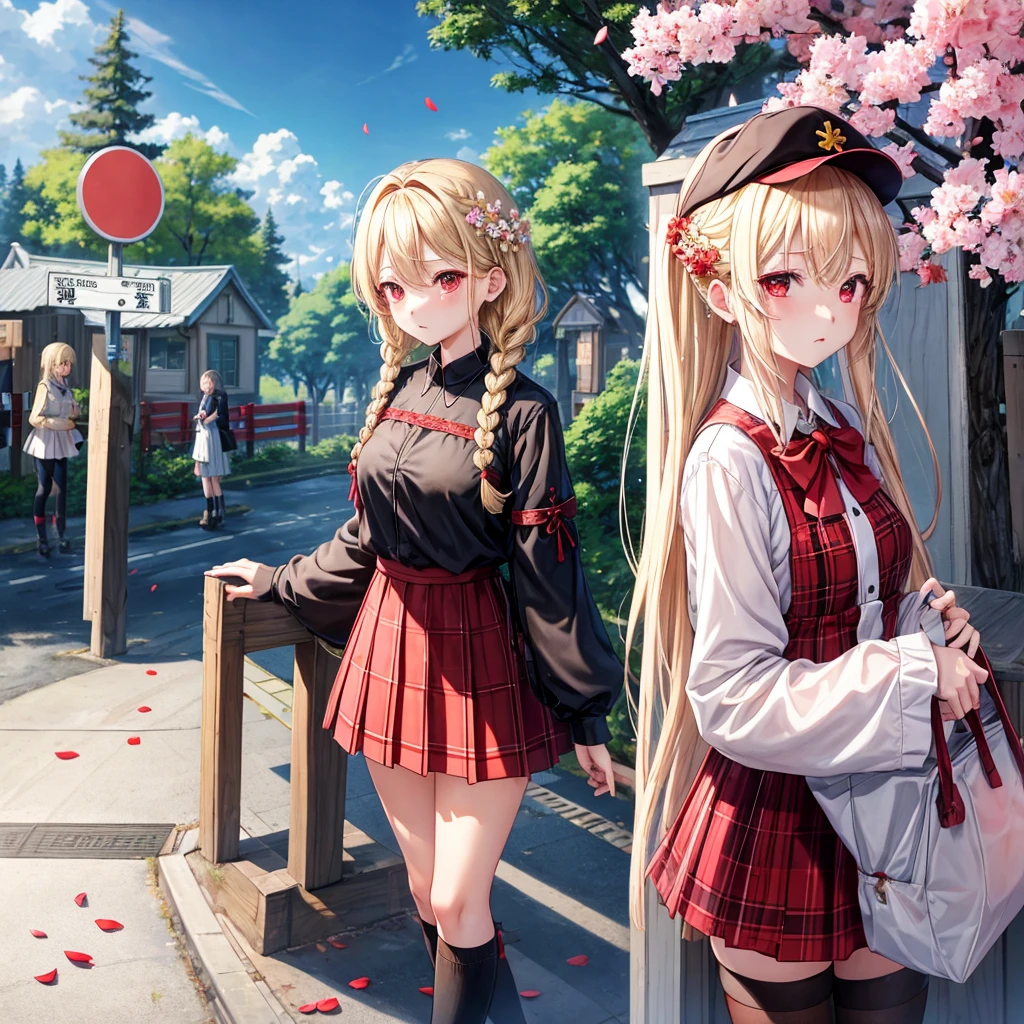 a blond、red eyes、Braids、one good looking girl、独奏、animesque、lightly dressed、Plaid miniskirt、flower petals、knee high、wetting hair、Black T-shirt、large tree、cherry trees、sea of clouds、railroad crossing