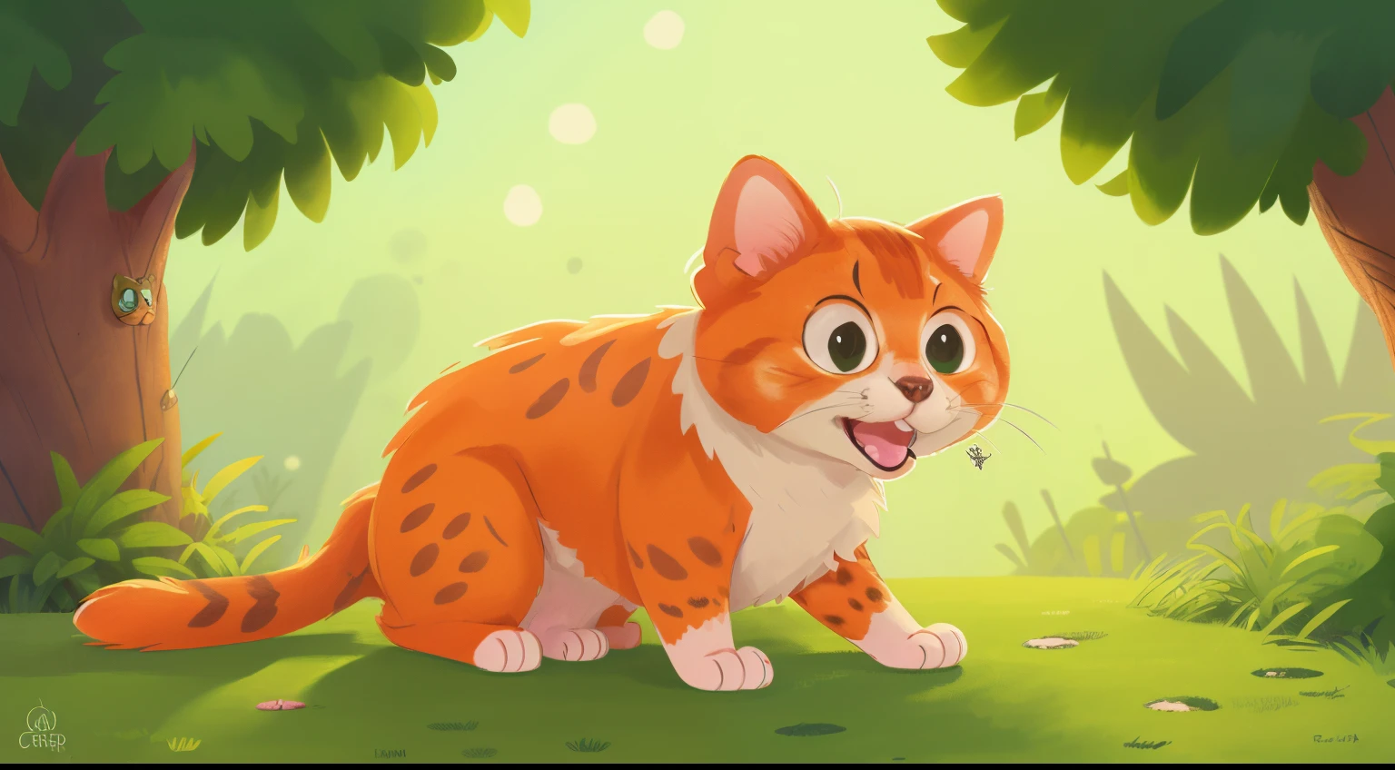 Disney-style cat, orange-spotted, green eyes, full figure, fluffy fur, hind legs on the ground, right front paw with long claws, The cat has a very large tongue.