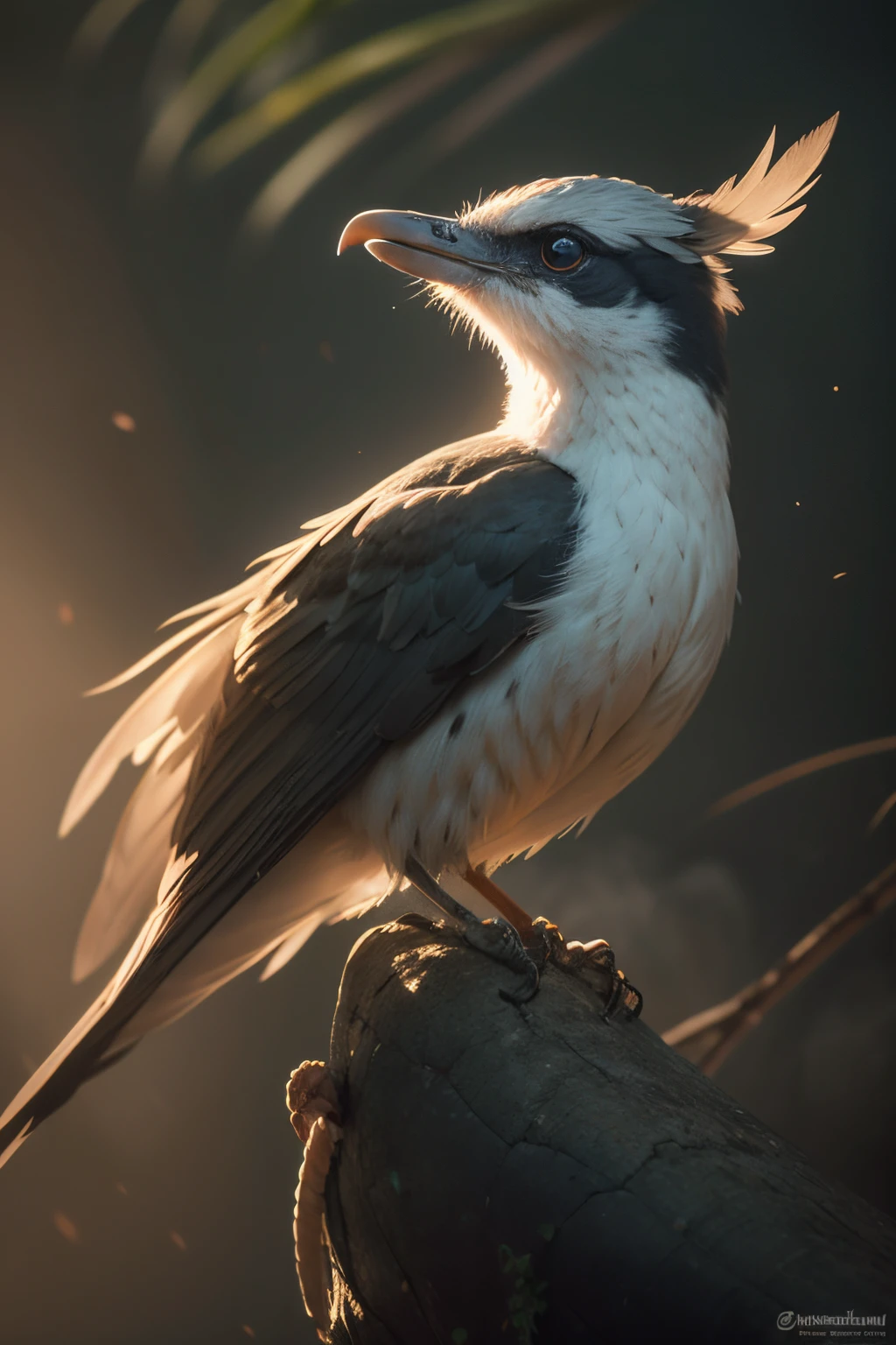 Um Serinus canaria domestica posicionado graciosamente em um galho, intense morning light diffused through the mist slowly rising around you, highlighting their intricate feathers in dramatic side lighting