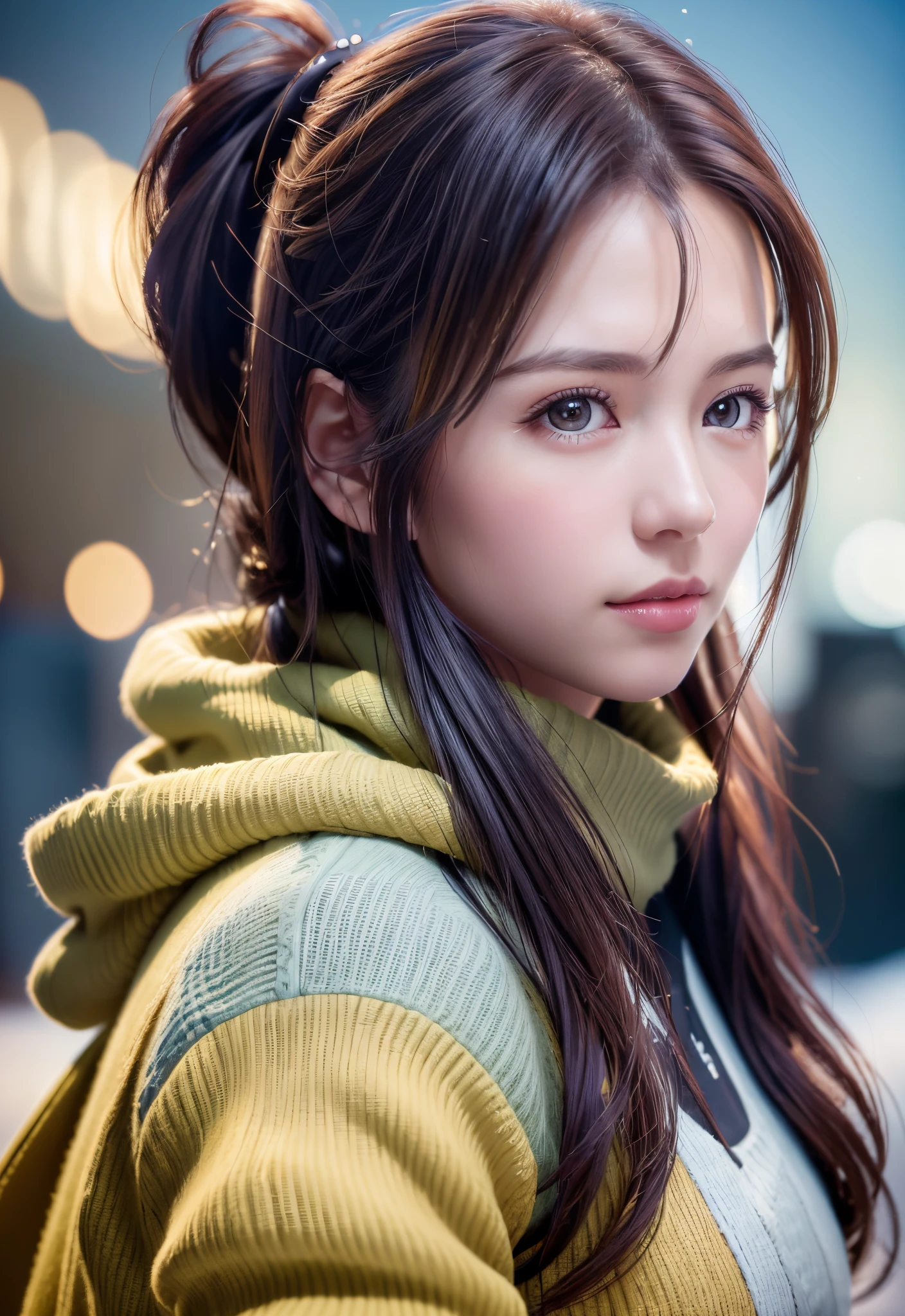 8K, of the highest quality, masutepiece:1.2), (Realistic, Photorealsitic:1.37), of the highest quality, masutepiece, Beautiful young woman, Pensive expression,、A charming、and an inviting look, skiing、snowboarder、Ski Wear, Hair tied back, Cinematic background, Light skin tone、Ski Resort Background