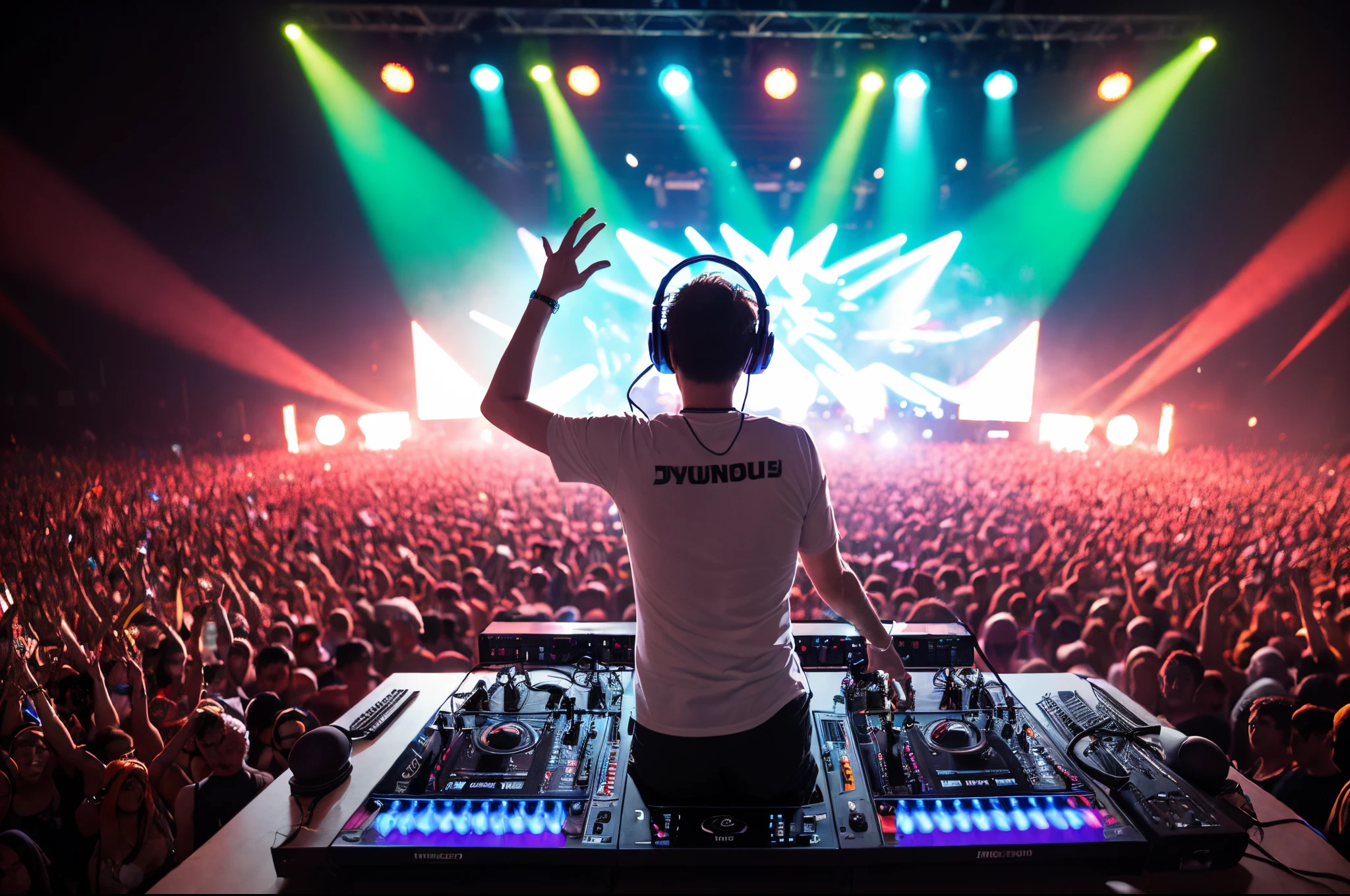 Upper body, (fat DJ with headphones and microphone: 1,4), mixing console, performing at a vibrant (music festival: 1,2) with (energy people: 1,1) and (stage lights colorful: 1.1),(cinematic lighting), RAW photo, 8K