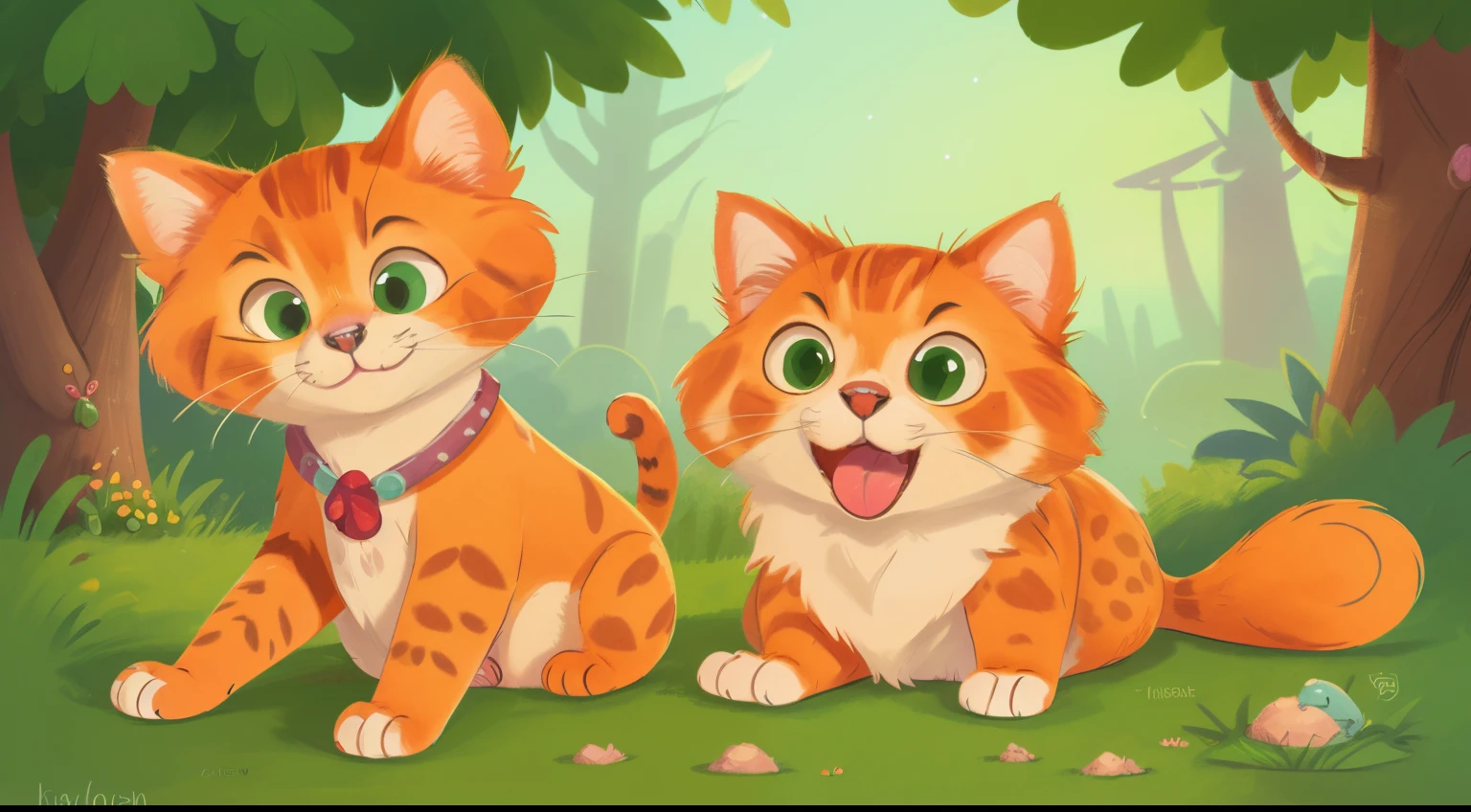 Disney-style cat, orange-spotted, green eyes, full figure, fluffy fur, hind legs on the ground, right front paw with long claws, The cat has a very large tongue.