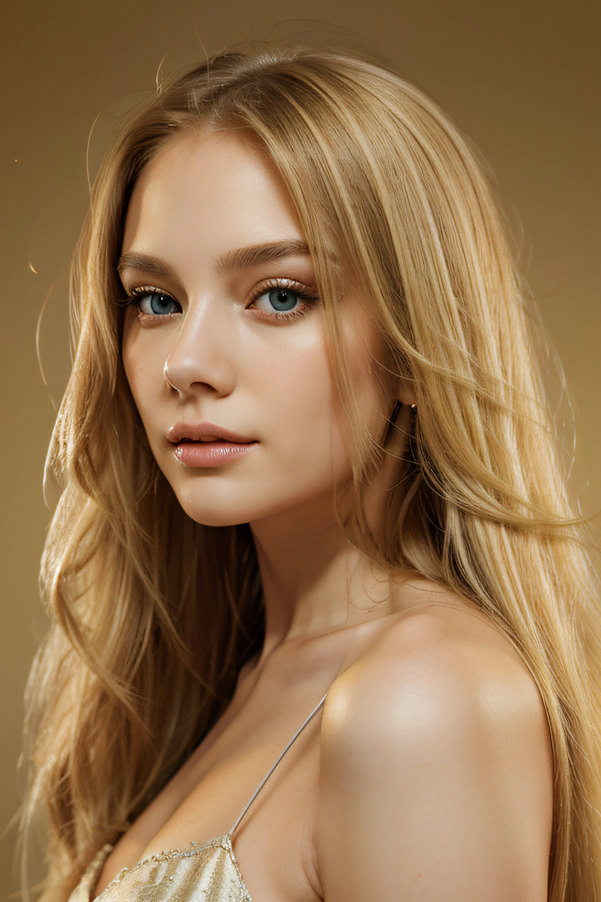 Woman with straight hair,tmasterpiece, Elegant, Best quality, Diffuse wide light,Eyes are delicate and charming,yellow long hair,solid color backdrop,Blonde hair