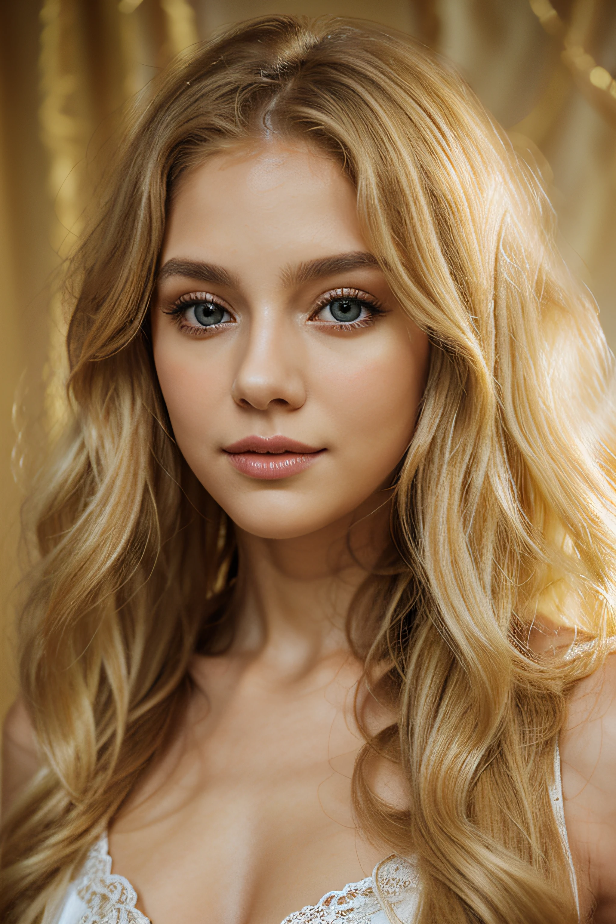 1 fille dans, 19 ans, seulement, cheveux longs, Colossal , regarder le spectateur, cheveux blond, épaules nues, yeux marrons, bijoux