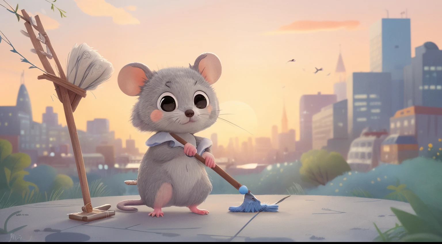 A cute little gray mouse, slender, with sweet blue eyes, holding a broom, soft fur, round ears, an illuminated face, with a city in the background at sunset.