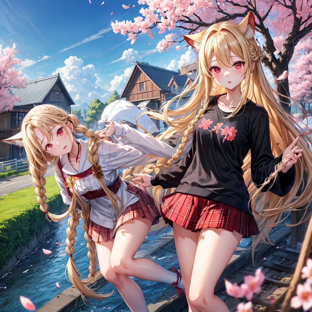 a blond、red eyes、Braids、one good looking girl、独奏、animesque、lightly dressed、Plaid miniskirt、flower petals、knee high、wetting hair、Black T-shirt、large tree、cherry trees、sea of clouds、railroad crossing