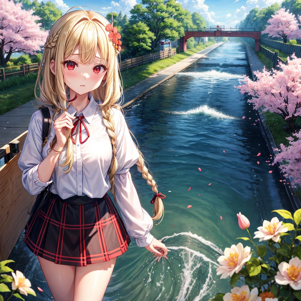 a blond、red eyes、Braids、one good looking girl、独奏、animesque、lightly dressed、Plaid miniskirt、flower petals、knee high、wetting hair、Black T-shirt、large tree、cherry trees、sea of clouds、railroad crossing