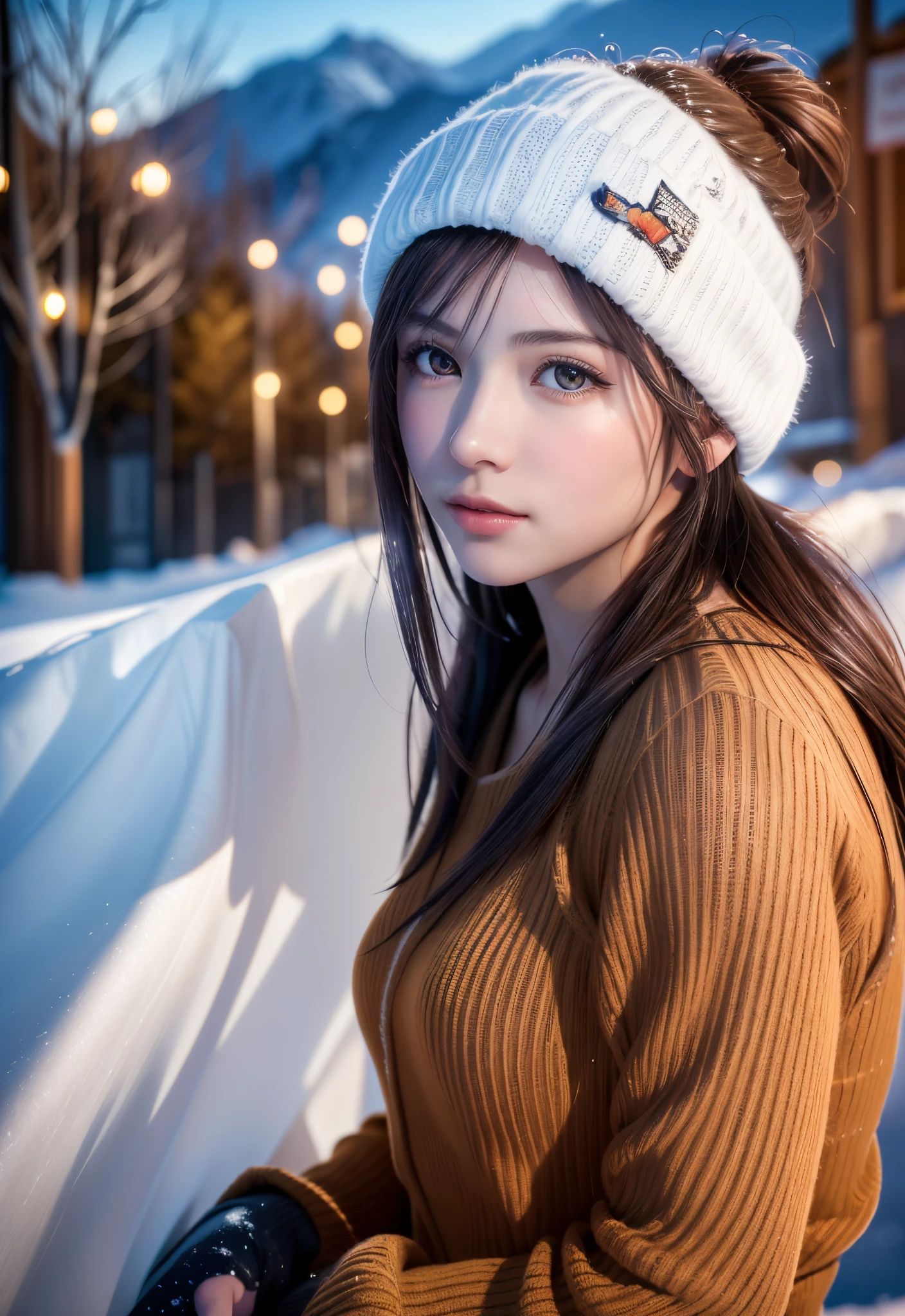 8K, of the highest quality, masutepiece:1.2), (Realistic, Photorealsitic:1.37), of the highest quality, masutepiece, Beautiful young woman, Pensive expression,、A charming、and an inviting look, skiing、snowboarder、Ski Wear, Hair tied back, Cinematic background, Light skin tone、Ski Resort Background