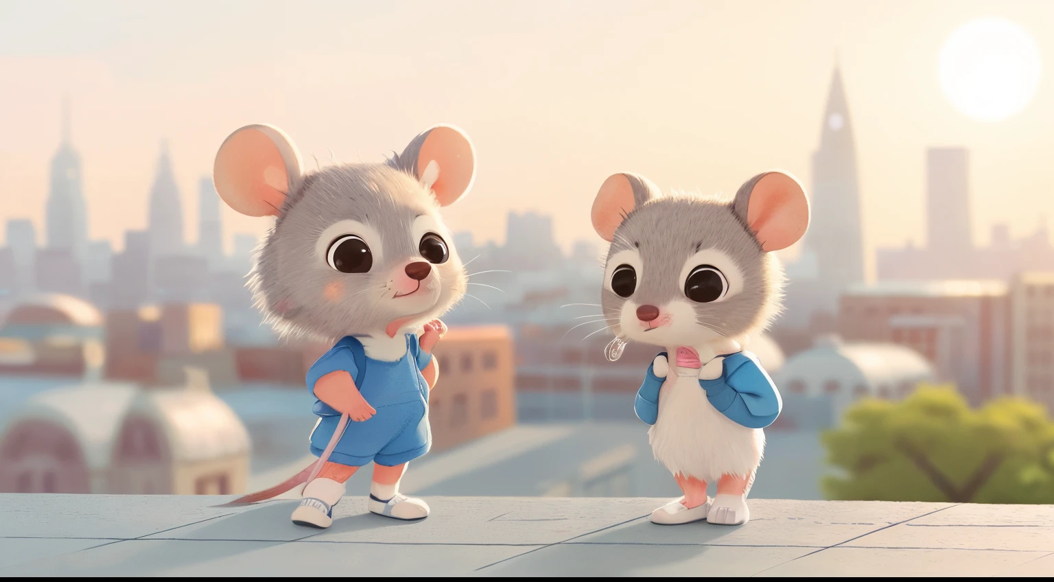 A cute little gray mouse, slender, with sweet blue eyes, dressed in sporty attire, soft fur, round ears, an illuminated face, with a city in the background at sunset.