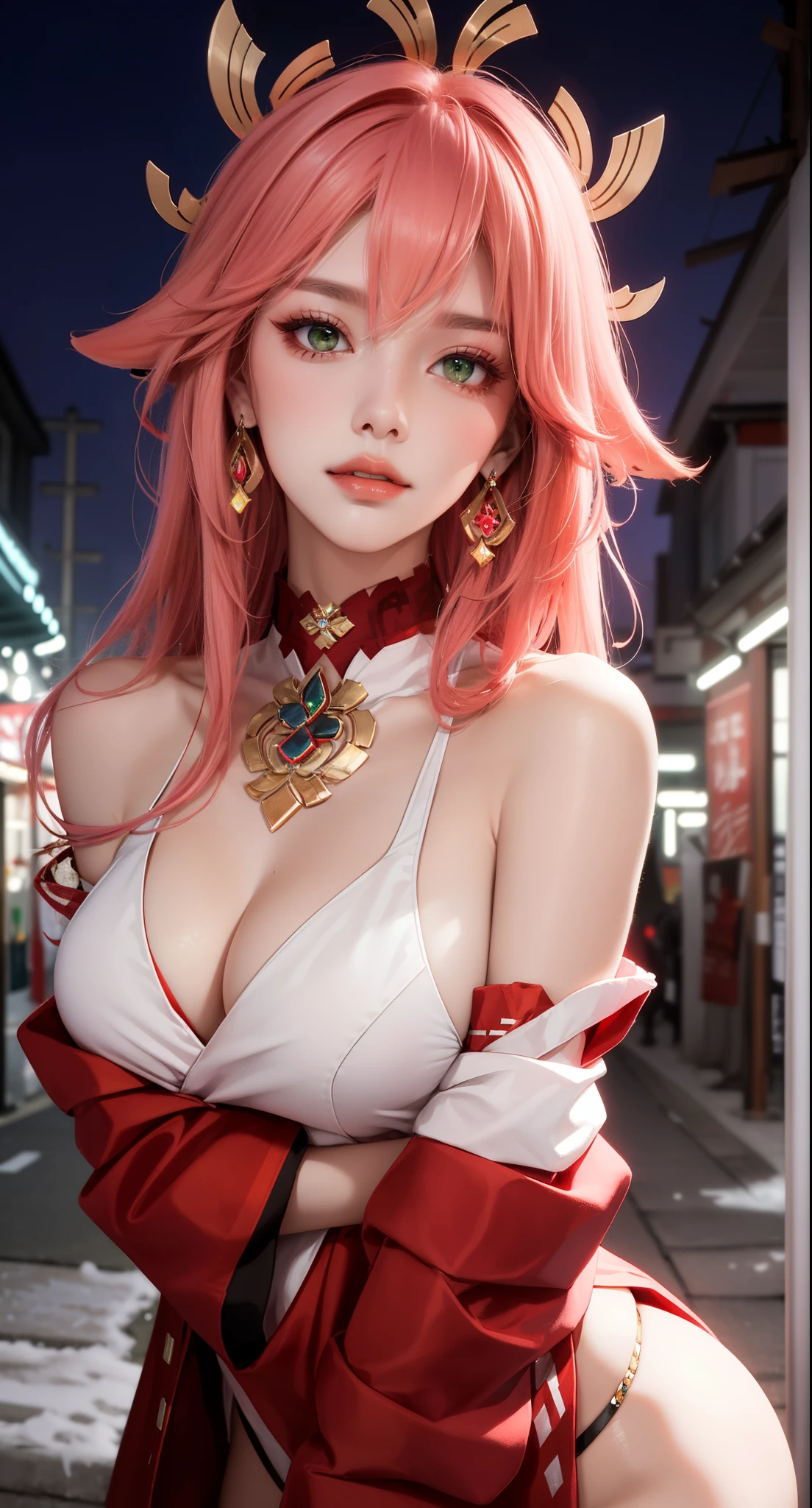 ((winter background))), ((market place background)))), (((luminous background))), (Masterpiece, Excellent, 1girl, solo, complex details, color difference), realism, ((medium breath)), off-the-shoulders, big breasts, sexy, Yae Miko, long pink hair, red headdress, red highlight, hair above one eye, green eyes, earrings, sharp eyes, perfectly symmetrical figure, choker, neon shirt, open jacket, turtleneck sweater, graffiti, dim lighting, alley, looking at the audience, ((mean, seductive, charming)), (dynamic pose), tulle, bare shoulders, blooming flower fields, radiant skin, faint smile, sexy, bust, no breast cover, naked, cocked ass, tummy look