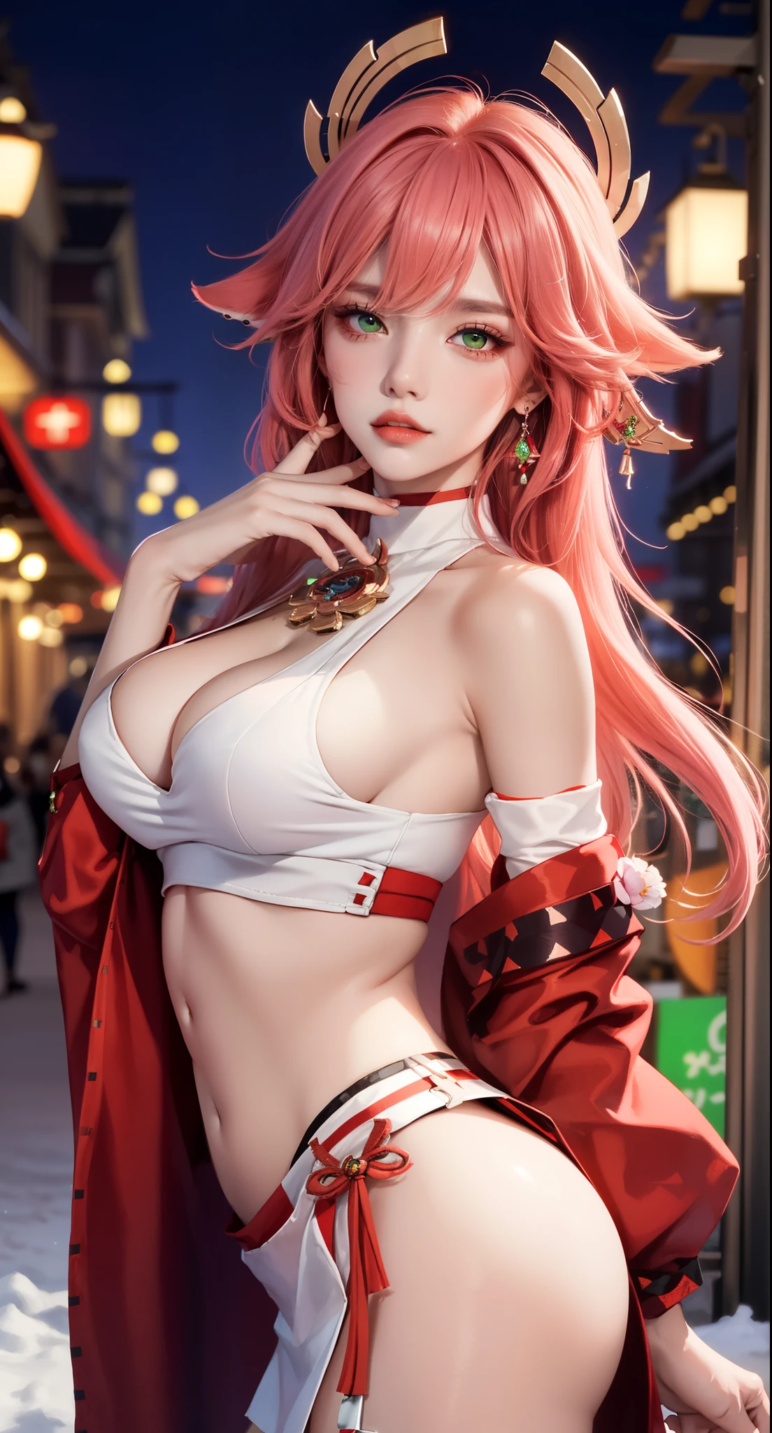 ((winter background))), ((market place background)))), (((luminous background))), (Masterpiece, Excellent, 1girl, solo, complex details, color difference), realism, ((medium breath)), off-the-shoulders, big breasts, sexy, Yae Miko, long pink hair, red headdress, red highlight, hair above one eye, green eyes, earrings, sharp eyes, perfectly symmetrical figure, choker, neon shirt, open jacket, turtleneck sweater, graffiti, dim lighting, alley, looking at the audience, ((mean, seductive, charming)), (dynamic pose), tulle, bare shoulders, blooming flower fields, radiant skin, faint smile, sexy, bust, no breast cover, naked, cocked ass, tummy look