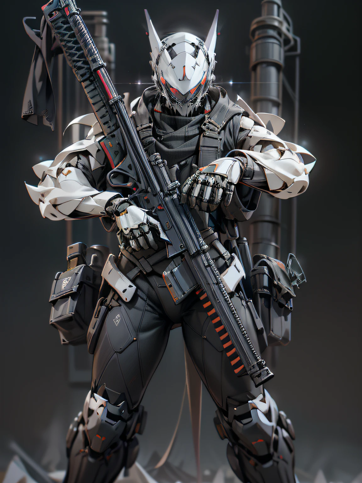 Gunsmith, all black ghost gunsmith, mask covering face, holding submachine gun in the air, super many machine gun weapons, heavy weapons, heavy machine guns, sniper rifles, cannons, Gatling machine guns scattered on the ground, carrying weapon firearms, pistol on the waist, sniper rifle behind back, super cool ghost gunsmith, weapon god, male, ninja, metal mech, with a black mask, wearing black mechanical armor, glowing red eyes, perfect body proportions, full body photo, looking up perspective, super detail, IP by pop mart, edge light, avatar, octane rendering, blender, clean black background, 3d, c4d, best quality, very detailed, ancient technology, HDR (high dynamic range), ray tracing, nvidia rtx, super resolution, unreal 5, subsurface scattering, PBR texture, post-processing, anisotropic filtering, depth of field, maximum sharpness and sharpness, multi-layer textures, albedo and highlight maps, surface shading, accurate simulation of light-material interactions, perfect proportions, Octane rendering, duotone lighting, low ISO, white balance, rule of thirds, wide aperture, 8K RAW, high efficiency sub-pixel, subpixel convolution, luminescent particles, light scattering, Tyndall effect