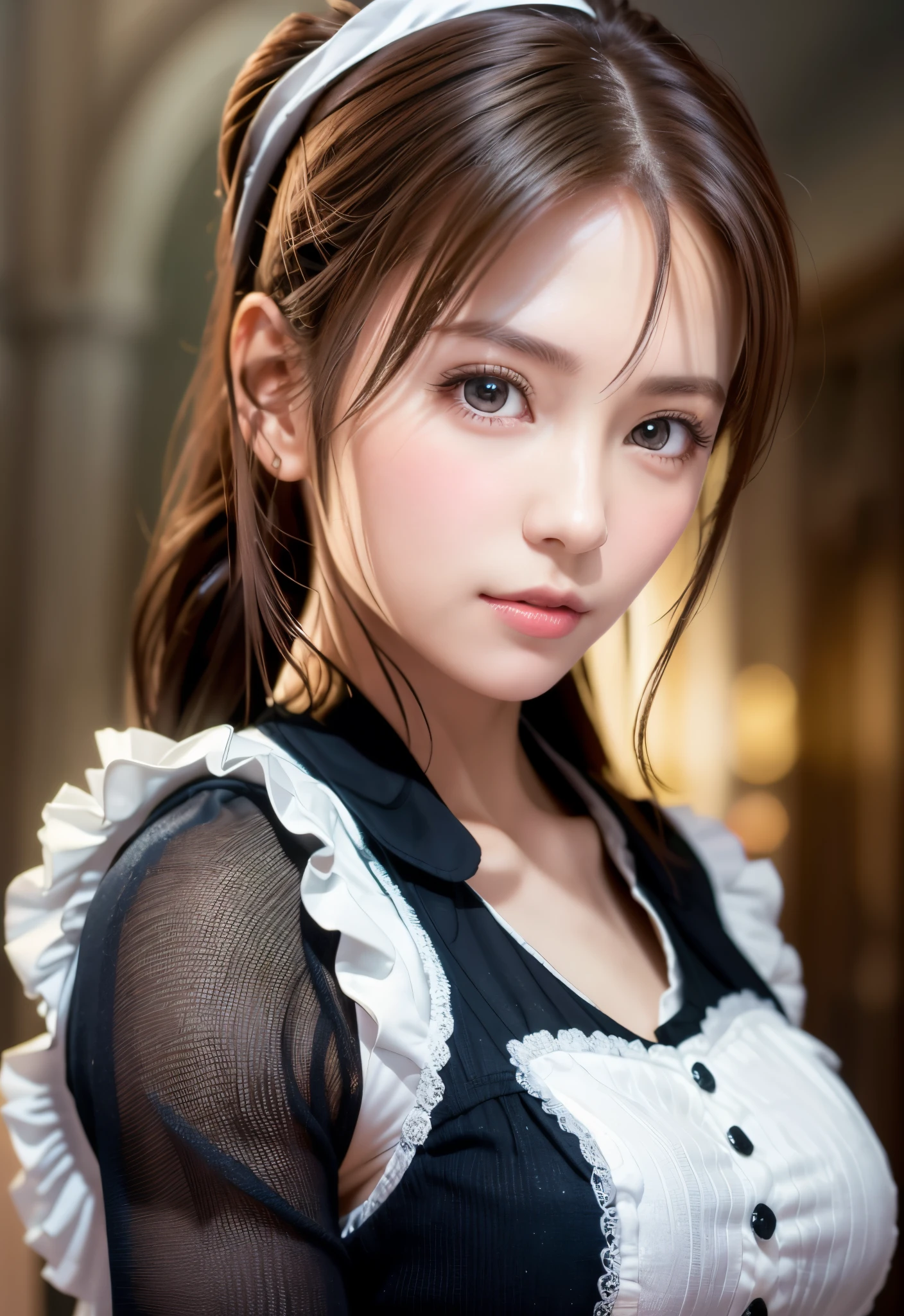 8K, of the highest quality, masutepiece:1.2), (Realistic, Photorealsitic:1.37), of the highest quality, masutepiece, Beautiful young woman, Pensive expression,、A charming、and an inviting look, Cute Maid Clothes, Hair tied back, Cinematic background, Light skin tone