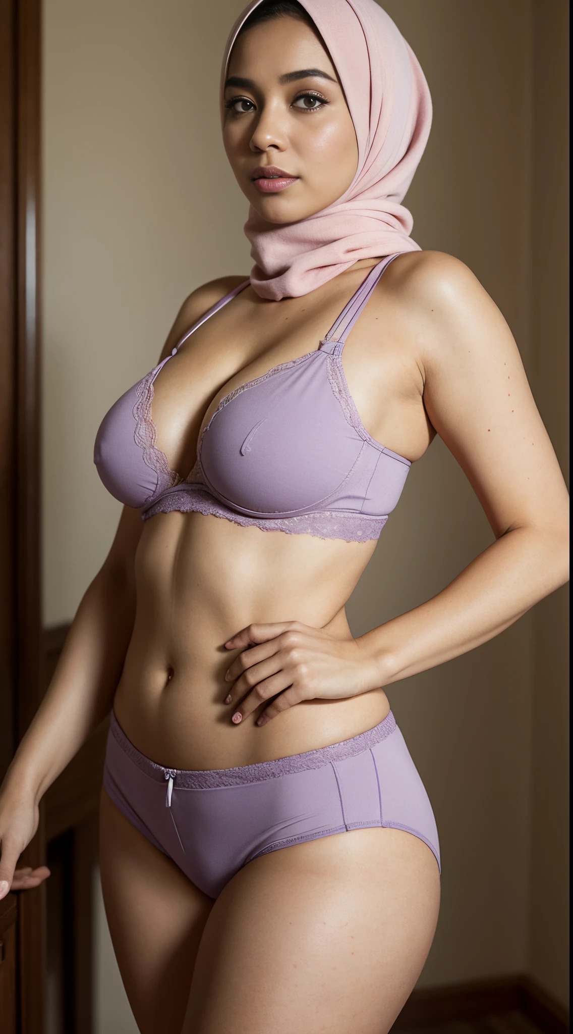 Vogue style photo shoot of malay 40 years old matured woman in hijab wear lilac cotton bra and shorts jeans with pastel colored background in Wes Anderson style, side view, detail skin texture, big sagging breast, dark tits, camel toe, saggy breast, wide hips, thick thighs, beer belly, curvy, hyper - realistic photography, Wes Anderson style, full body, 8k, close - up shot, extreme close - up photo