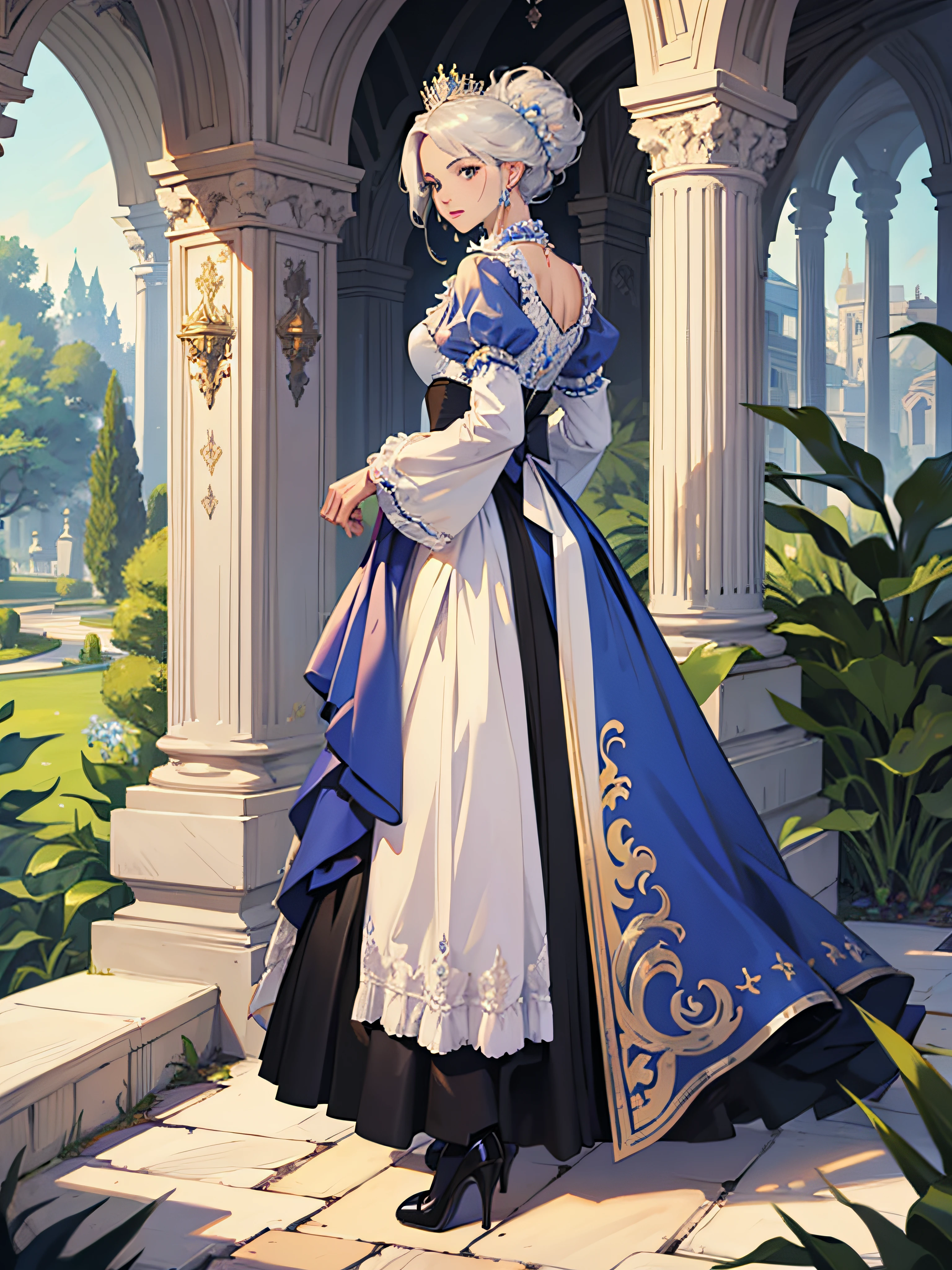 ((best quality)), ((masterpiece)), (detailed), intricated details, 1girl, young goth girl, freckles, golden horns, white hime cut hair, golden heels, jewelry, gothic castle outdoor, night, moon, stars, <lora:IvoryGoldAIv2:.9> IvoryGoldAI