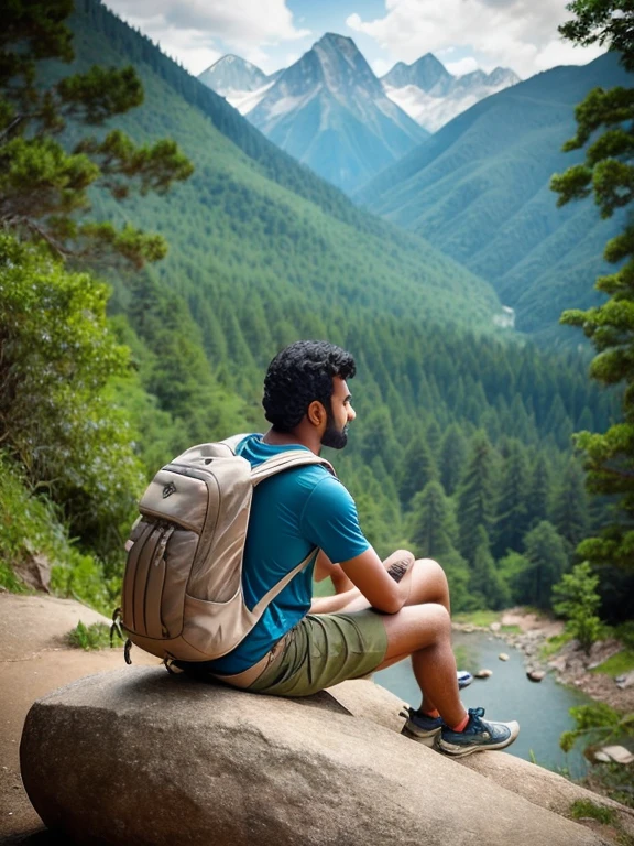 arafed man sitting on a rock with a backpack and a dog, jayison devadas, hills in the background, ayan nag, sitting on a rock, jayison devadas style, in front of a forest background, sitting near a river, amidst nature, taken with sony alpha 9, with mountains in the background, candid picture, looking away from camera