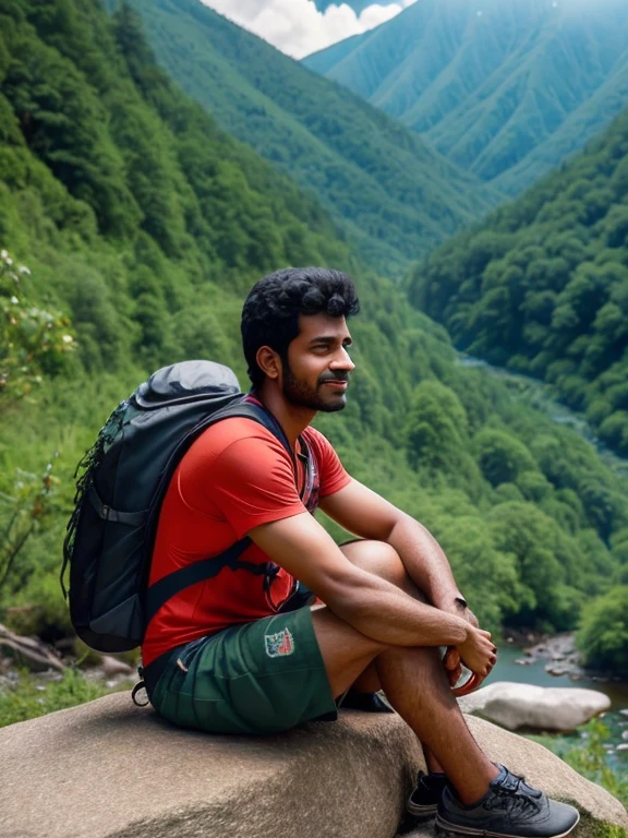 arafed man sitting on a rock with a backpack and a dog, jayison devadas, hills in the background, ayan nag, sitting on a rock, jayison devadas style, in front of a forest background, sitting near a river, amidst nature, taken with sony alpha 9, with mountains in the background, candid picture, looking away from camera