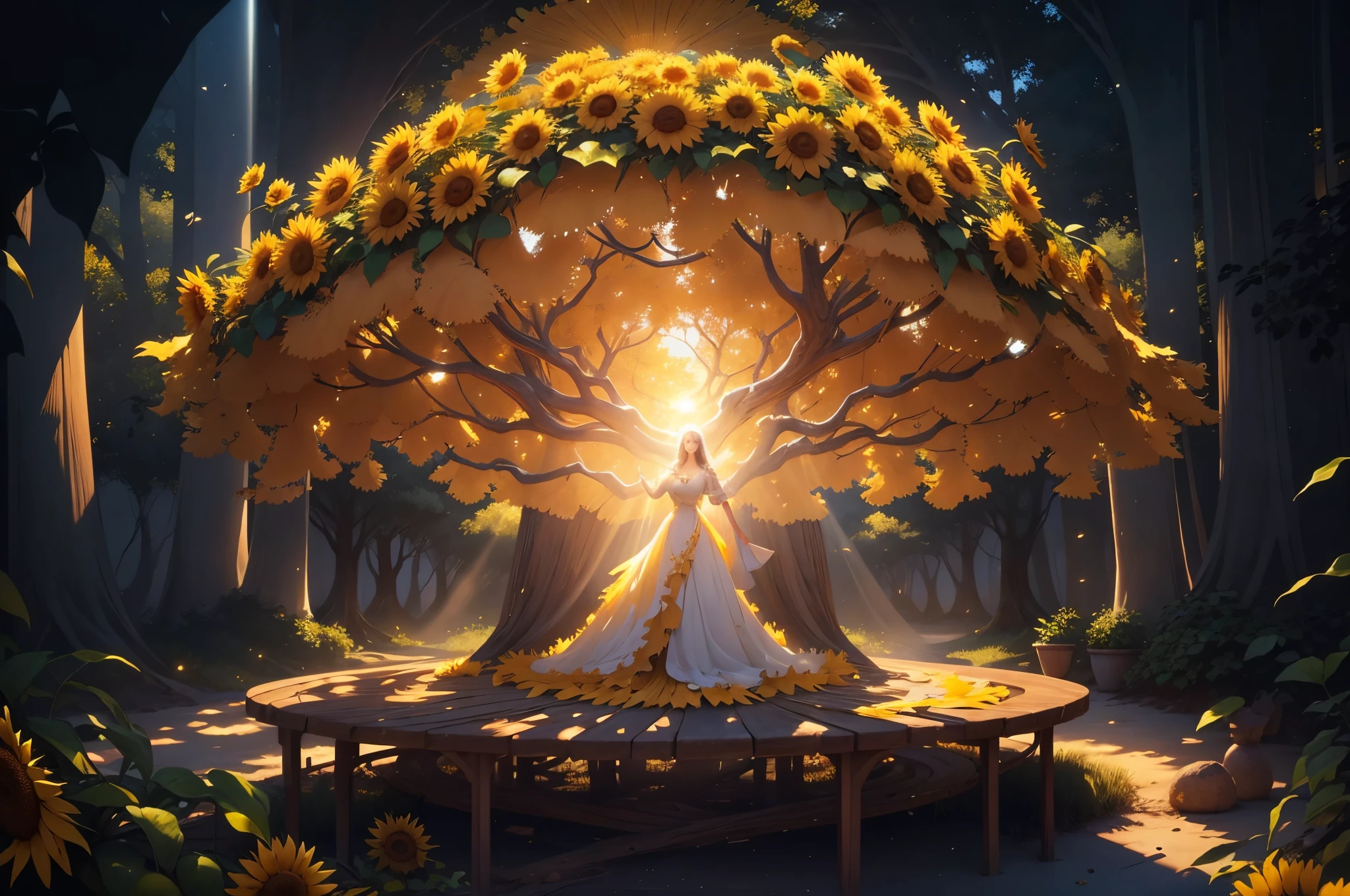 A woman wearing sheer gossamer stands under the towering sunflower tree, her gaze fixed on the intricate patterns of the branches above. The bright white sands beneath her feet seem to glow in the warm sunlight, while the endless blue sky stretches out above her. The scene is bathed in a golden light, as if the sun itself has bestowed its 24k blessing upon this tranquil moment.