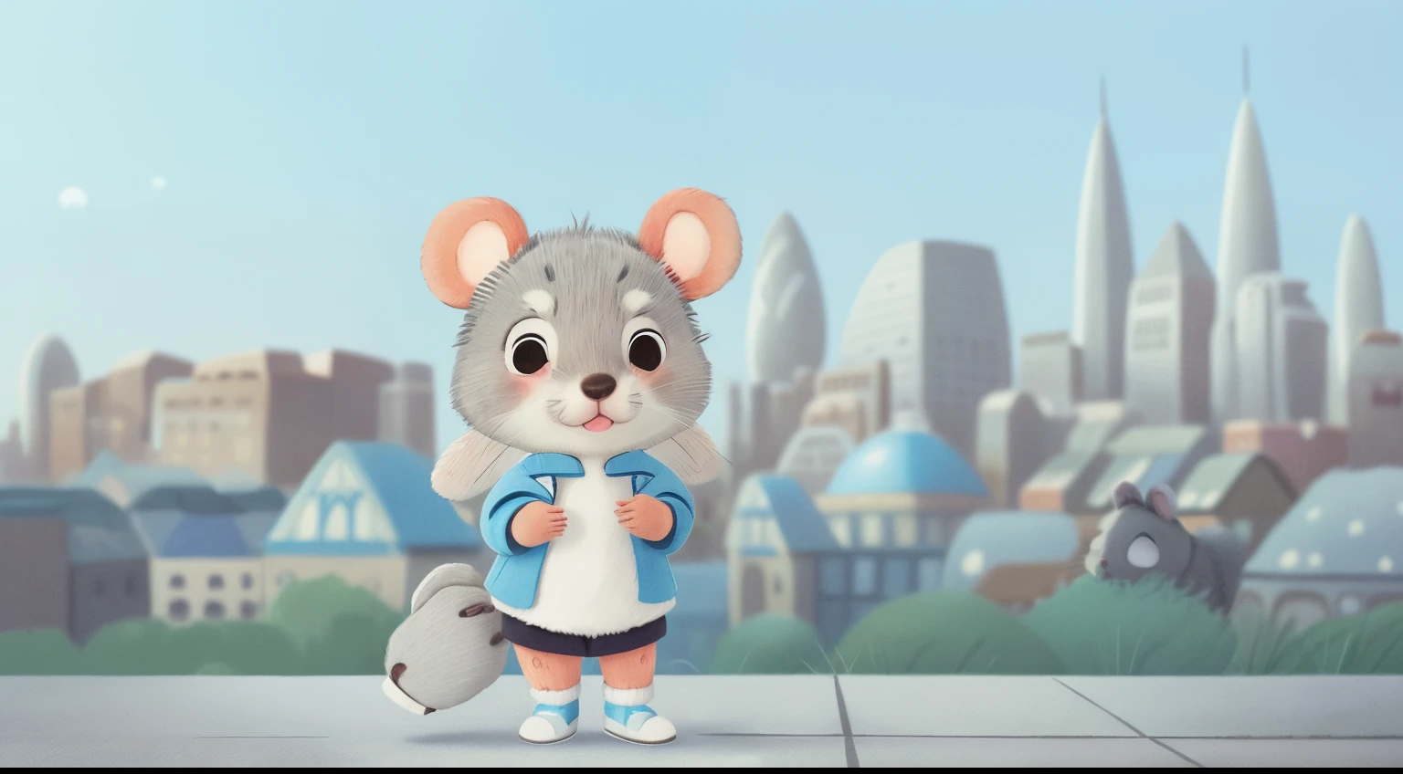 A cute little gray mouse, with sweet blue eyes, dressed in sporty attire, soft fur, round ears, an illuminated face, with a city in the background.