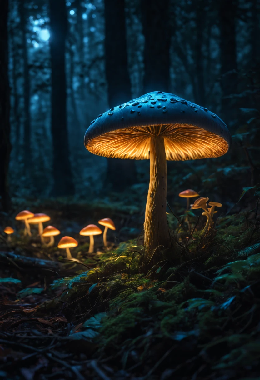 (best quality,4k,8k,highres,masterpiece:1.2),ultra-detailed,(realistic,photorealistic,photo-realistic:1.37),bioluminescent mushroom,glowing at night,forest,enchanted scene,magic,mythical creatures,dark atmosphere,fairytale,soft glow,illuminated,ethereal,spooky forest,moonlight,shining,gentle light,emitting light,fantasy,glittering,illumination,mysterious,mythology,surreal,enchanted forest,otherworldly,unearthly,glowing mushrooms,nighttime scene,whimsical,enchanted glow,dreamlike,magic kingdom,luminescent,glowing spores,luminous,stormy weather,magical,starlight,unreal,hidden gems,bio-luminescence,bioluminescent life,iridescent,magic spell