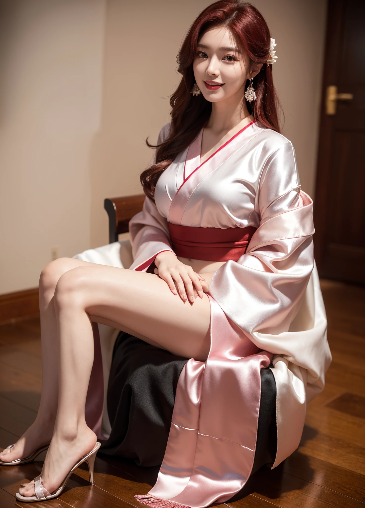 ulzzang -6500-v1.1, (Raw photo:1.2), (Photorealsitic), (Real:1.4), (Female, 22 years old), (medium breasts:1.3), Navel, hotels room、 ((Grab the viewer's hand)), (master piece: 1.3), (max resolution: 1.4), (UltraHD: 1.2), cinematric light, UltraHD, (Detailed eyes and skin), (detailed facial features), nffsw, 8K分辨率, Perfect Style, Beautiful expression、Highly detailed facial and skin texture、A detailed eye、二重まぶた、Glitter Eyeliner:1.2、(eyeshadows:1.3)、thin cheeks、(fair white skin:1.3)、shiny earrings,Red Rouge:1.2、shiny lip:1.2、((FULL BODYSHOT:1.4))、((From a very intimate distance:1.2))、((silk red kimono))、high-heels、(Layered Hair Style、dark pink hair)、medium-Long hair、(Very affectionate smile:1.2)