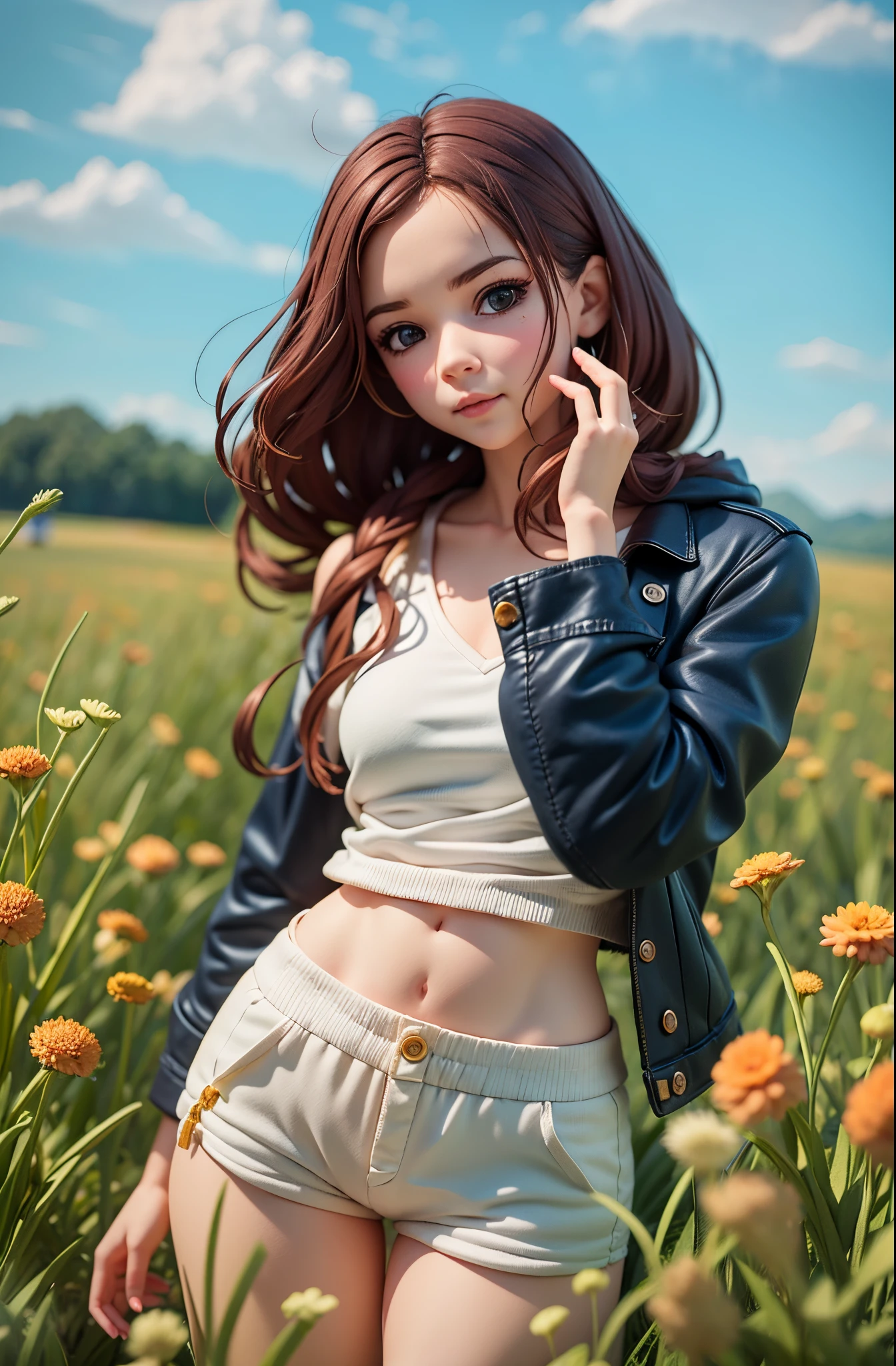arafed woman in a white top and shorts standing in a field, ((young peoole)),chibi,blindbox, plastican00d,(best quality, 4k, 8k, highres, masterpiece:1.2), ultra-detailed, playful, cartoon, cute, 3d rendering,