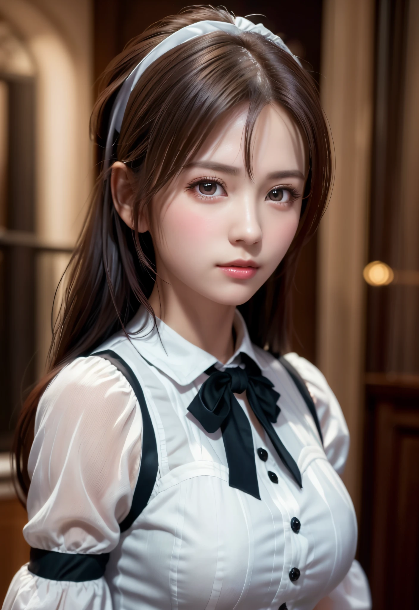 8K, of the highest quality, masutepiece:1.2), (Realistic, Photorealsitic:1.37), of the highest quality, masutepiece, Beautiful young woman, Pensive expression,、A charming、and an inviting look, Cute Maid Clothes, Hair tied back, Cinematic background, Light skin tone
