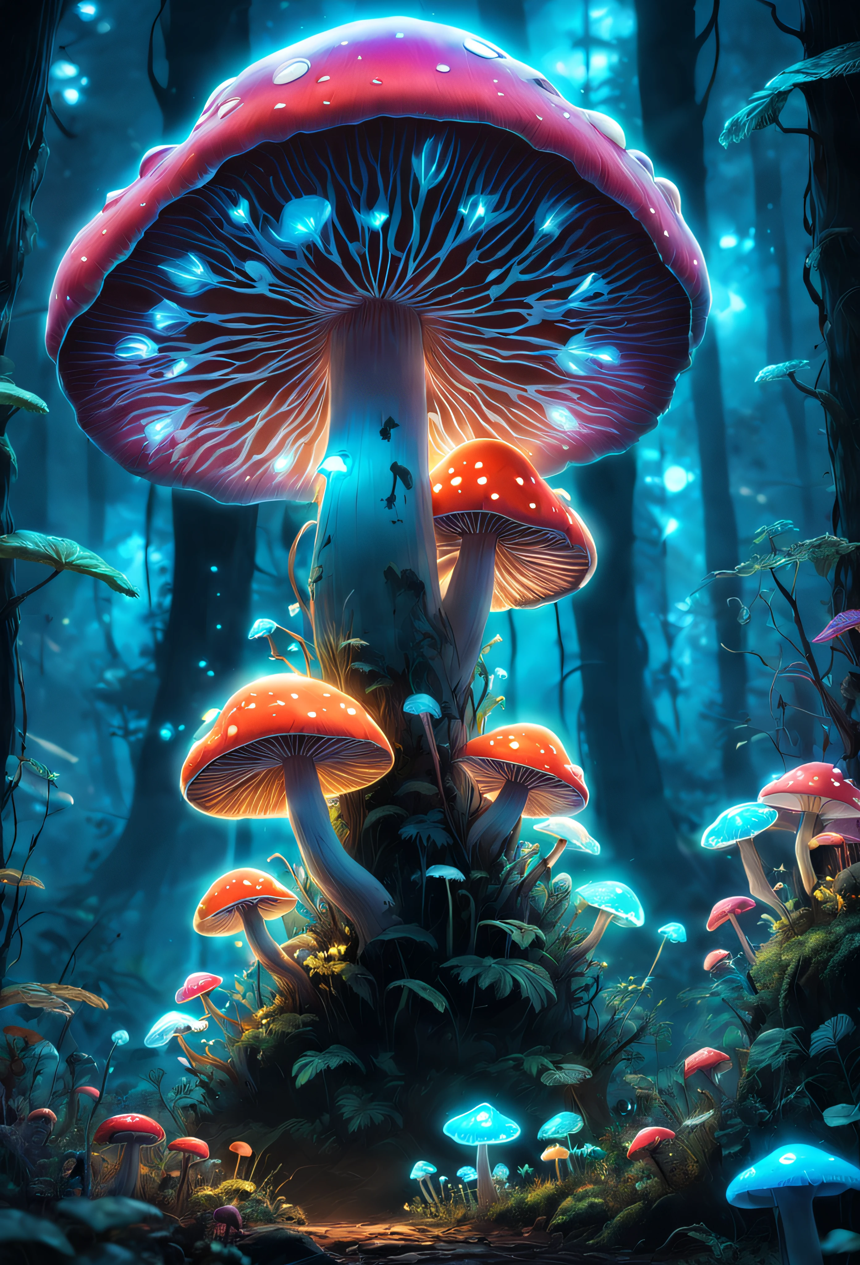 (best quality,4k,8k,highres,masterpiece:1.2),ultra-detailed,(realistic,photorealistic,photo-realistic:1.37), bioluminescent mushroom, sharp focus, concept artists, glowing plant life, magical forest, fantasy, fantasy creatures