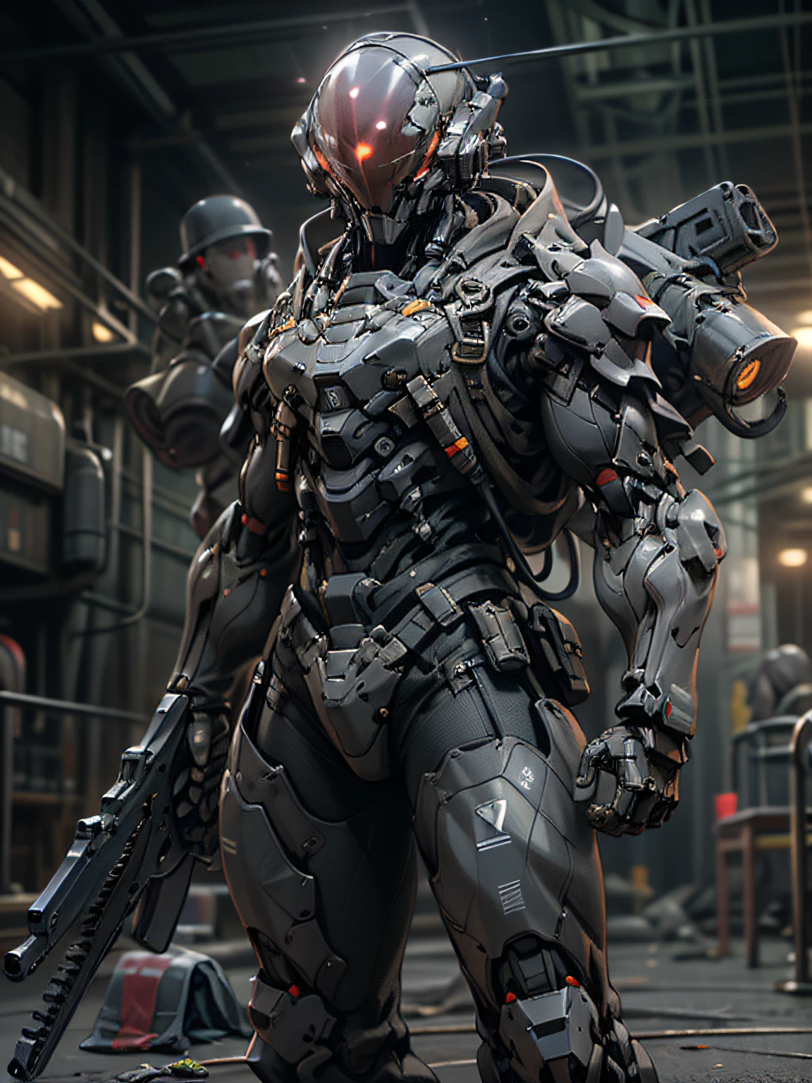 Gunsmith, all black ghost gunsmith, mask covering face, holding submachine gun in the air, super many machine gun weapons, heavy weapons, heavy machine guns, sniper rifles, cannons, Gatling machine guns scattered on the ground, carrying weapon firearms, pistol on the waist, sniper rifle behind back, super cool ghost gunsmith, weapon god, male, ninja, metal mech, with a black mask, wearing black mechanical armor, glowing red eyes, perfect body proportions, full body photo, looking up perspective, super detail, IP by pop mart, edge light, avatar, octane rendering, blender, clean black background, 3d, c4d, best quality, very detailed, ancient technology, HDR (high dynamic range), ray tracing, nvidia rtx, super resolution, unreal 5, subsurface scattering, PBR texture, post-processing, anisotropic filtering, depth of field, maximum sharpness and sharpness, multi-layer textures, albedo and highlight maps, surface shading, accurate simulation of light-material interactions, perfect proportions, Octane rendering, duotone lighting, low ISO, white balance, rule of thirds, wide aperture, 8K RAW, high efficiency sub-pixel, subpixel convolution, luminescent particles, light scattering, Tyndall effect