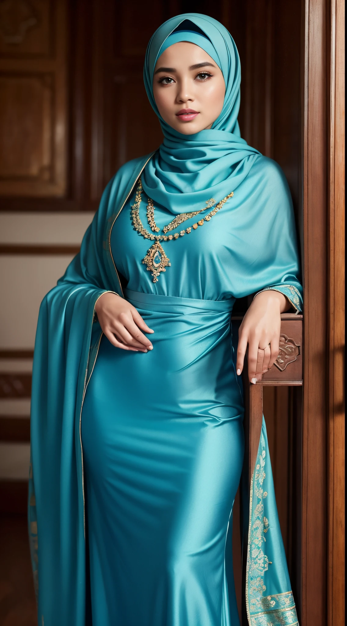 RAW, Best quality, high resolution, masterpiece: 1.3), beautiful Malay woman on hijab (iu:0.8), perfect nose,perfect lips, perfect eyes, detail :1.2),full body image detail, watery eyes, RAW, Best quality, high resolution, masterpiece: 1.3),big breast, perfect nose,perfect lips, perfect eyes, detail :1.2), soft smile,full body, a woman in a blue dress and a blue scarf, blue colored traditional wear, modest flowing gown, turqouise, malay inspired, , flowing gown, royal gown, rich azure tones, beautiful flowing fabric, full covered dress, blue swirling dress, long dress female, vibrant hues, turquoise, with teal clothes