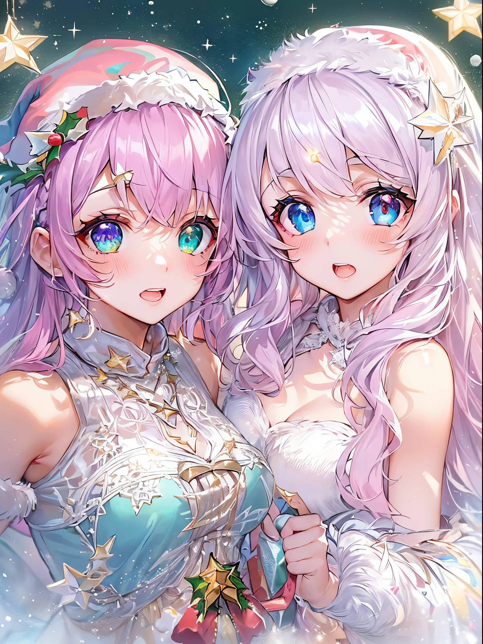 (2 girls in,8kDetails;1.5,8kResolution of;1.5), ((Christmas:1.2,santa costume:1.2)){{{Glitter Pupil:1.25, Heart-shaped pupil:1.3,eye glass:1.3}}}),((Half blue and half pink hair,Shiny hair,Glowing hair)), (Heterochromia), (Light focus , Warm light gradient,Bright light gradient , Lens Flare, Fluffy, kirakira, Dreamy), ((masutepiece, of the highest quality, Beautiful and aesthetic)), {{{The best lighting, Very delicate and beautiful,Cinematic Light}}}, (delicate detail,Hyper-detailing, intricate-detail)