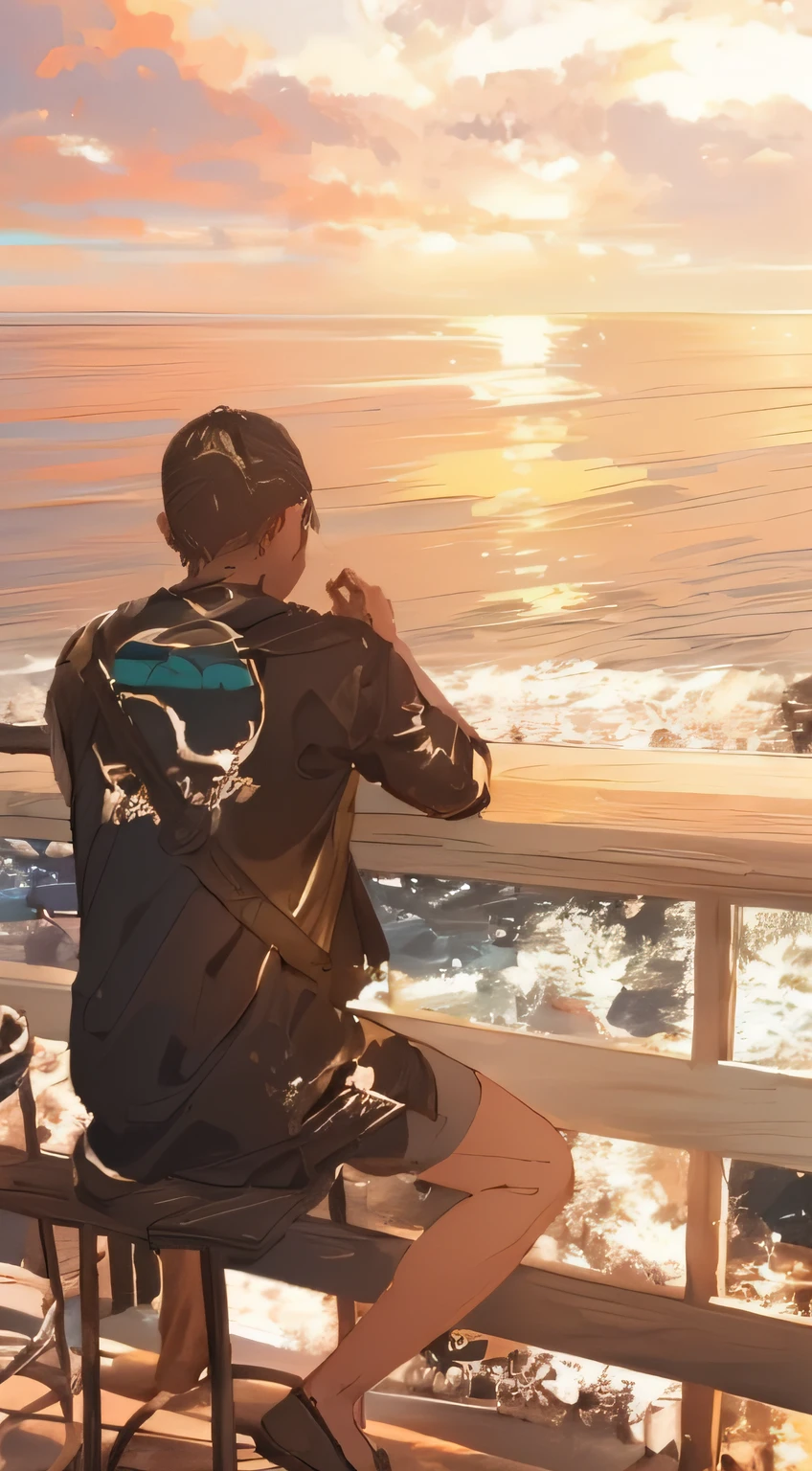 There was a man sitting on a bench on the beach, Looking at the sea, Looking at the sea, Looking at the sea, sitting in beach, the ocean in the background, Overlooking the sea, gazing off into the horizon, Looking into the distance, Stare at the water, the ocean in the background, Looking into the distance, overlooking the beach
