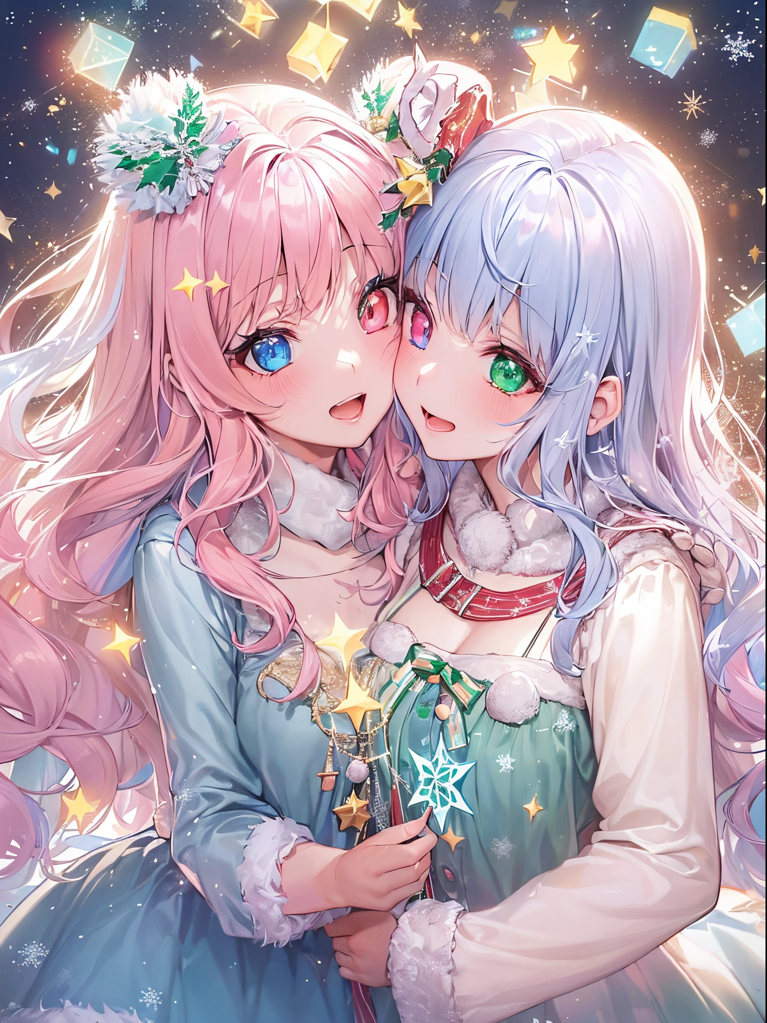 (2 girls in,8kDetails;1.5,8kResolution of;1.5), ((Christmas:1.2,santa costume:1.2)){{{Glitter Pupil:1.25, Heart-shaped pupil:1.3,eye glass:1.3}}}),((Half blue and half pink hair,Shiny hair,Glowing hair)), (Heterochromia), (Light focus , Warm light gradient,Bright light gradient , Lens Flare, Fluffy, kirakira, Dreamy), ((masutepiece, of the highest quality, Beautiful and aesthetic)), {{{The best lighting, Very delicate and beautiful,Cinematic Light}}}, (delicate detail,Hyper-detailing, intricate-detail)