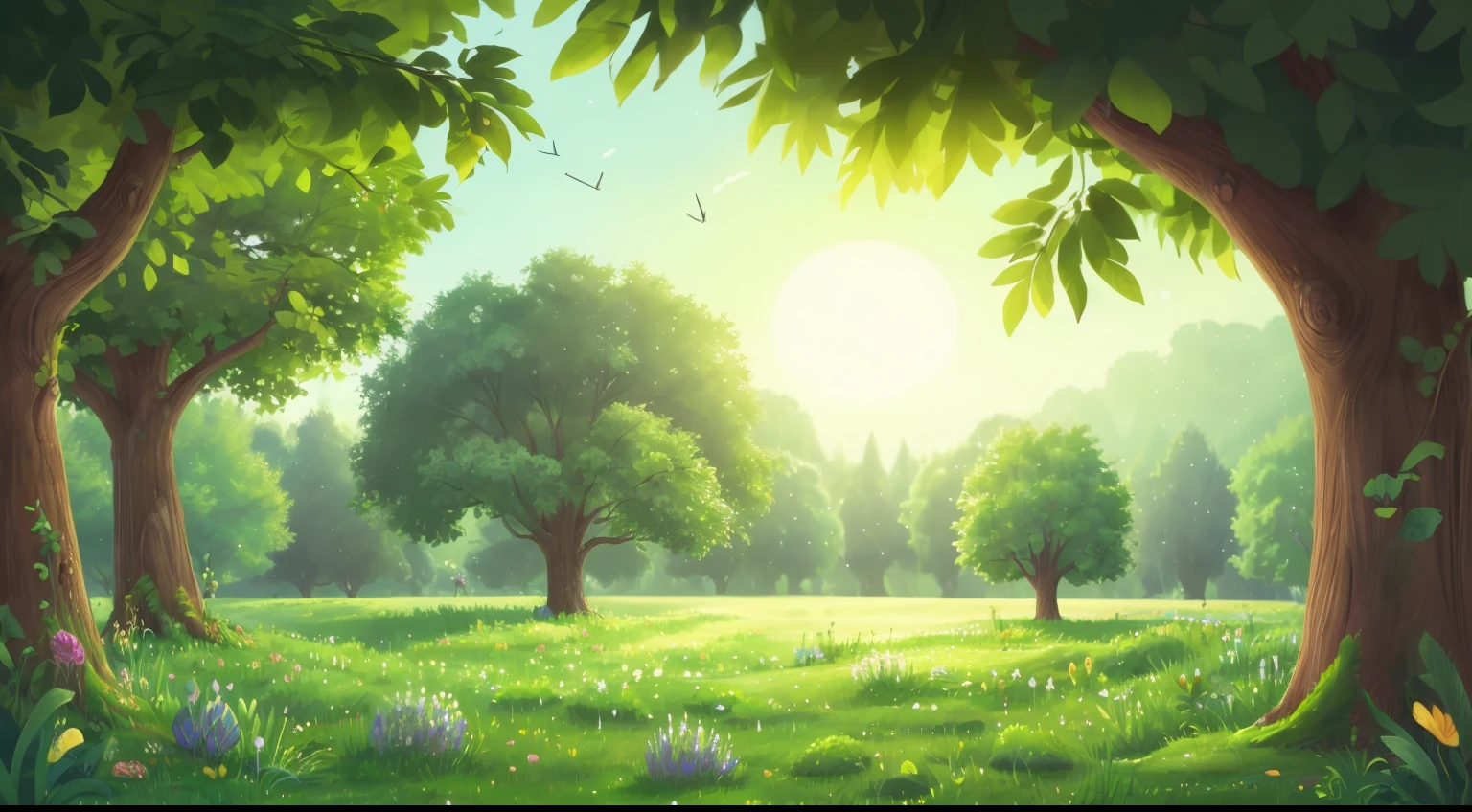 A green meadow with trees in the background, it's dawn.