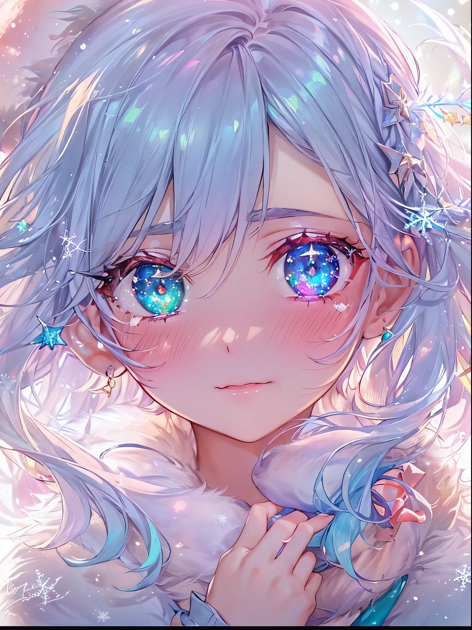 (2 girls in,8kDetails;1.5,8kResolution of;1.5), ((Christmas:1.2,santa costume:1.2)){{{Glitter Pupil:1.25, Heart-shaped pupil:1.3,eye glass:1.3}}}),((Half blue and half pink hair,Shiny hair,Glowing hair)), (Heterochromia), (Light focus , Warm light gradient,Bright light gradient , Lens Flare, Fluffy, kirakira, Dreamy), ((masutepiece, of the highest quality, Beautiful and aesthetic)), {{{The best lighting, Very delicate and beautiful,Cinematic Light}}}, (delicate detail,Hyper-detailing, intricate-detail)