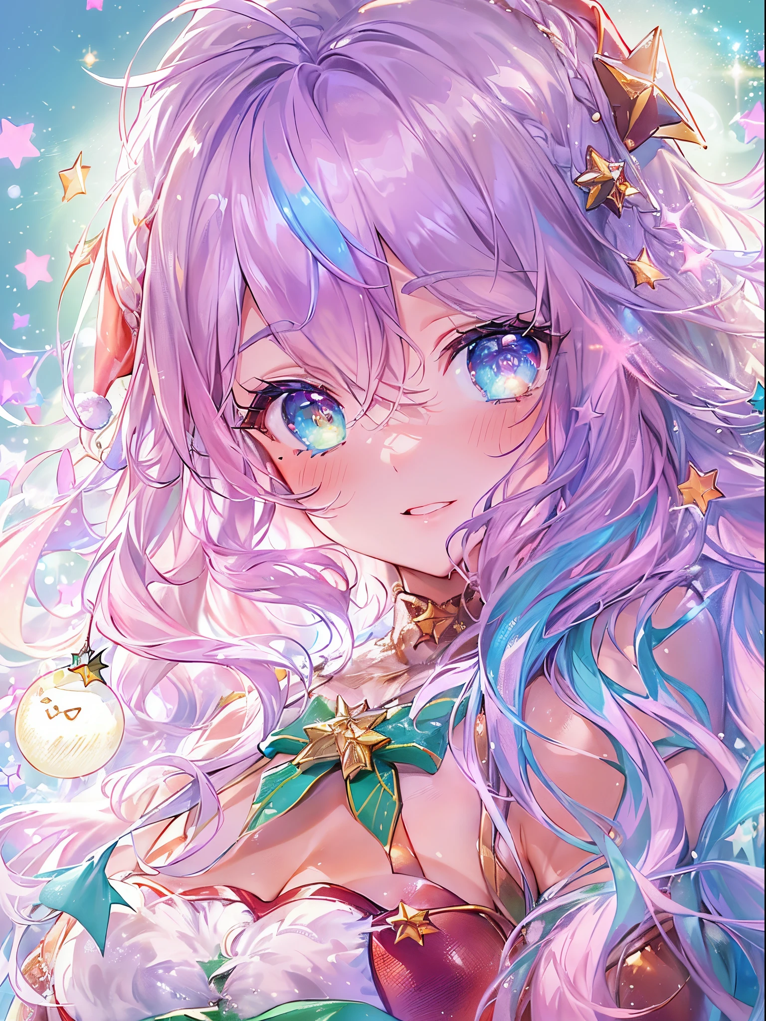 (2 girls in,8ｋDetails;1.5,8ｋResolution of;1.5), ((Christmas:1.2,santa costume:1.2)){{{Glitter Pupil:1.25, Heart-shaped pupil:1.3,eye glass:1.3}}}),((Half blue and half pink hair,Shiny hair,Glowing hair)), (Heterochromia), (Light focus , Warm light gradient,Bright light gradient , Lens Flare, Fluffy, kirakira, Dreamy), ((masutepiece, of the highest quality, Beautiful and aesthetic)), {{{The best lighting, Very delicate and beautiful,Cinematic Light}}}, (delicate detail,Hyper-detailing, intricate-detail)