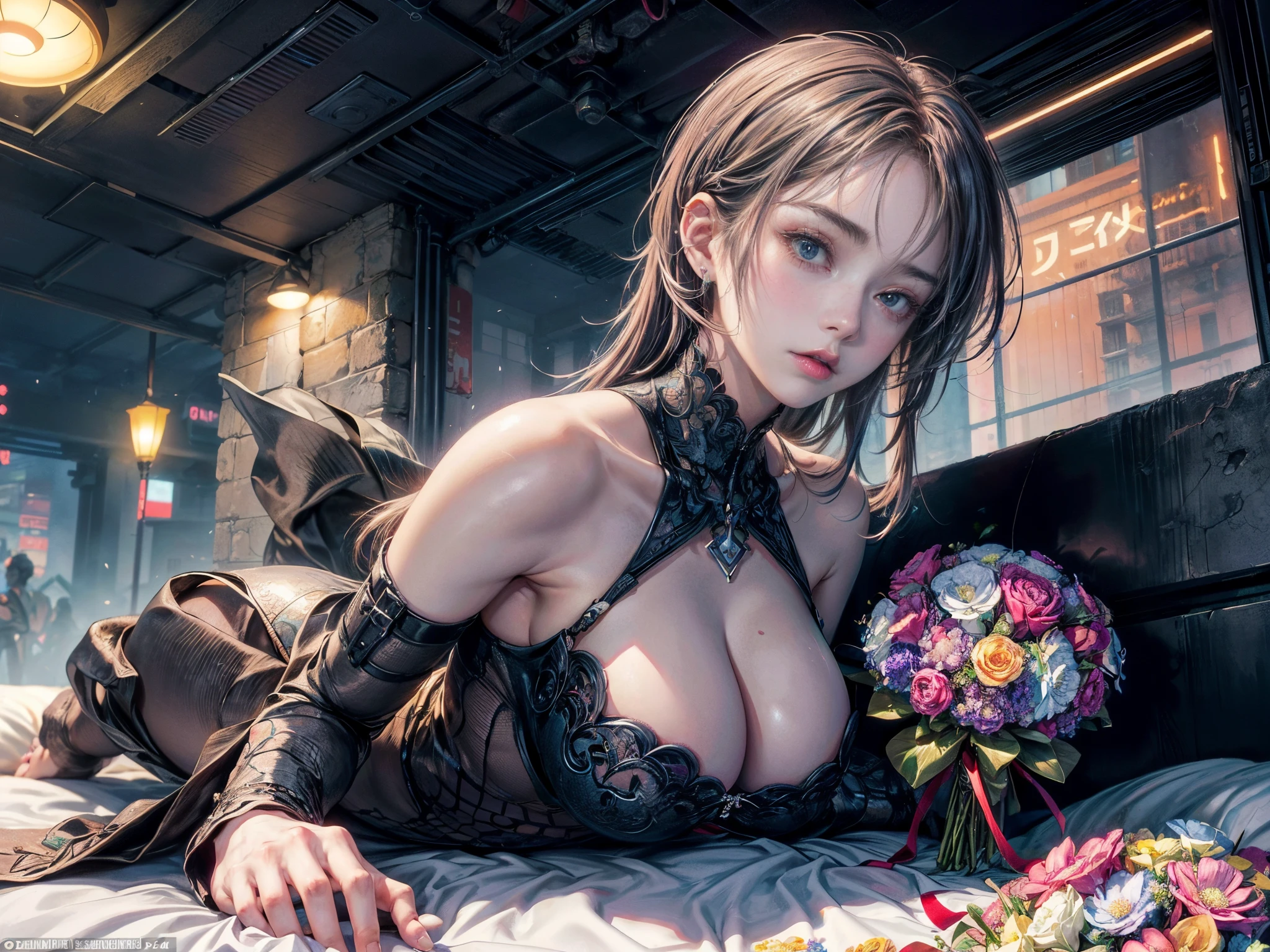 Cinematic lighting,super detailed skin、Beautiful detailed eyes、Best Quality,cyberpunked,(Alternative、dim colors, Soothing tones:1.3),NSFW(1 beautiful woman、Detailed beautiful facial features:1.3)silber hair、Blue-haired、Brown hair(well-shaped breasts:1.3)(Many flowers wrap around the body:1.5)(Arms and legs are machines:1.4)(Girl on all fours:1.3)(On a huge bed:1.4)(Have a bouquet、celebrating)a bed、Flower bouquet💐、Concrete walls、Scenery of Tokyo in the near future