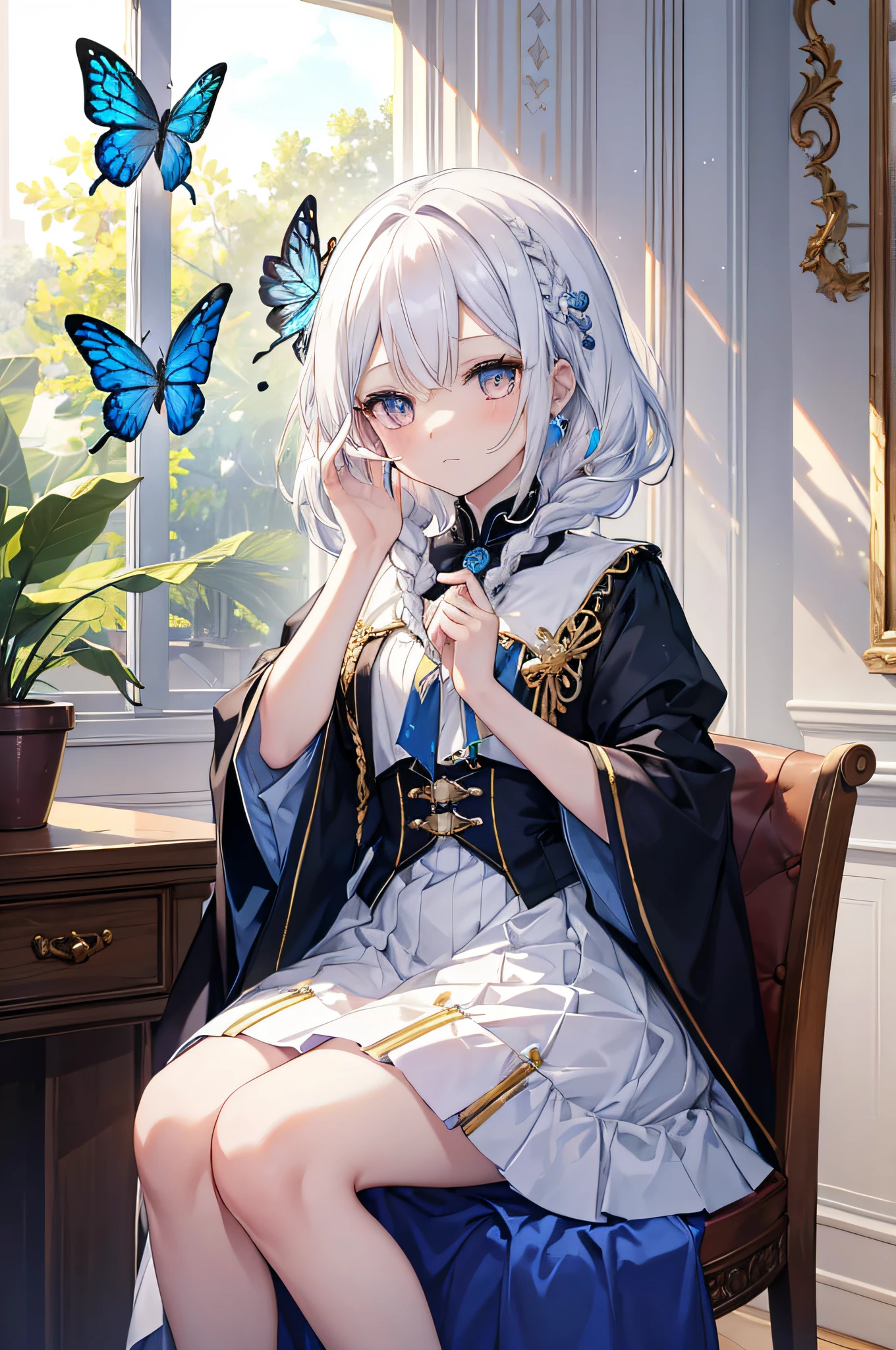 a royal sister,gold eyes,White hair,Long colorful single braids,Short hair details,blue skirts,(There is only one person in the picture),There is a butterfly on the palm,Ethereal,sit at your desk,Squinted eyes,(Lateral face),(highest quality)