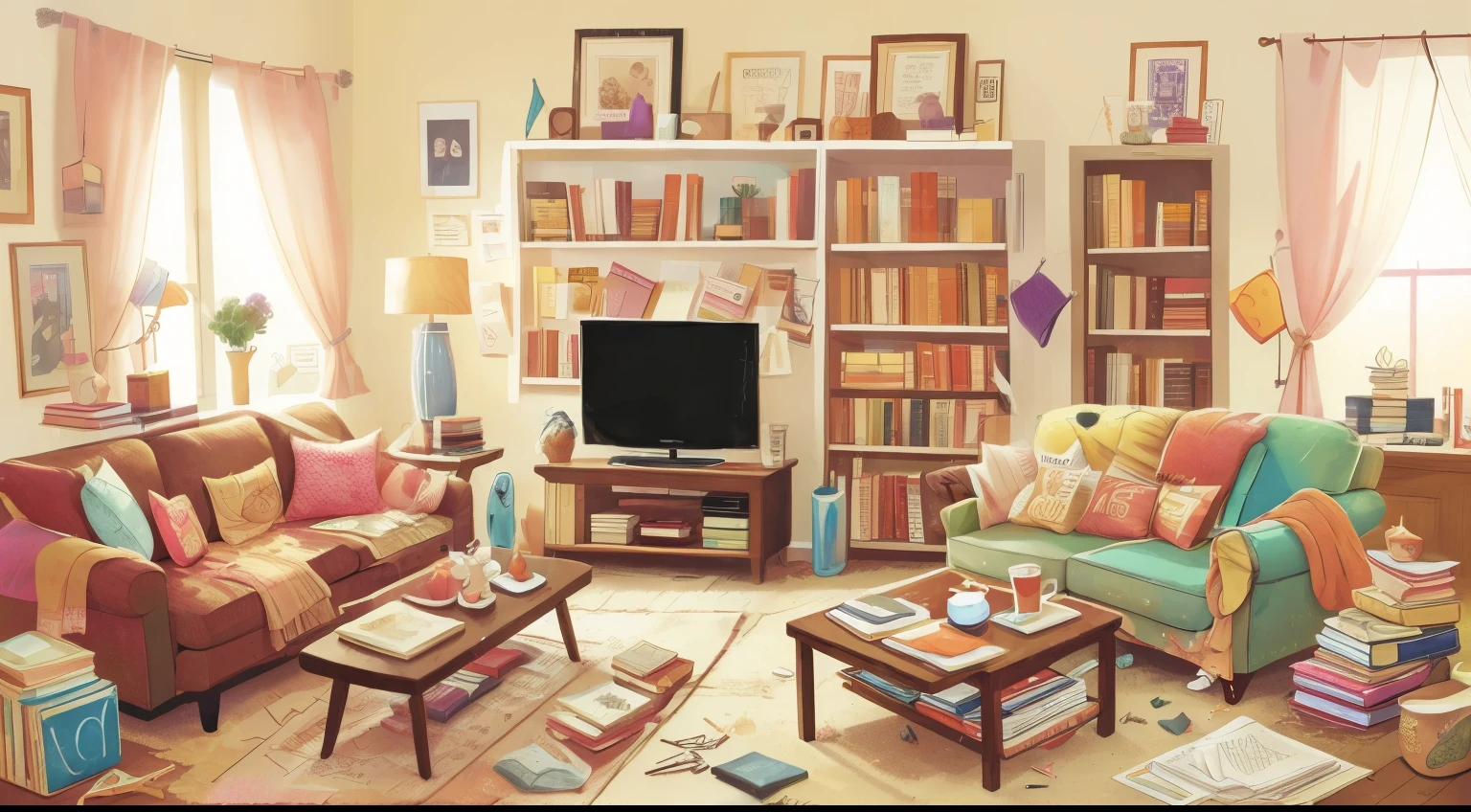 A living room with a table, a sofa, a television, and a messy house with many books and shoes scattered around