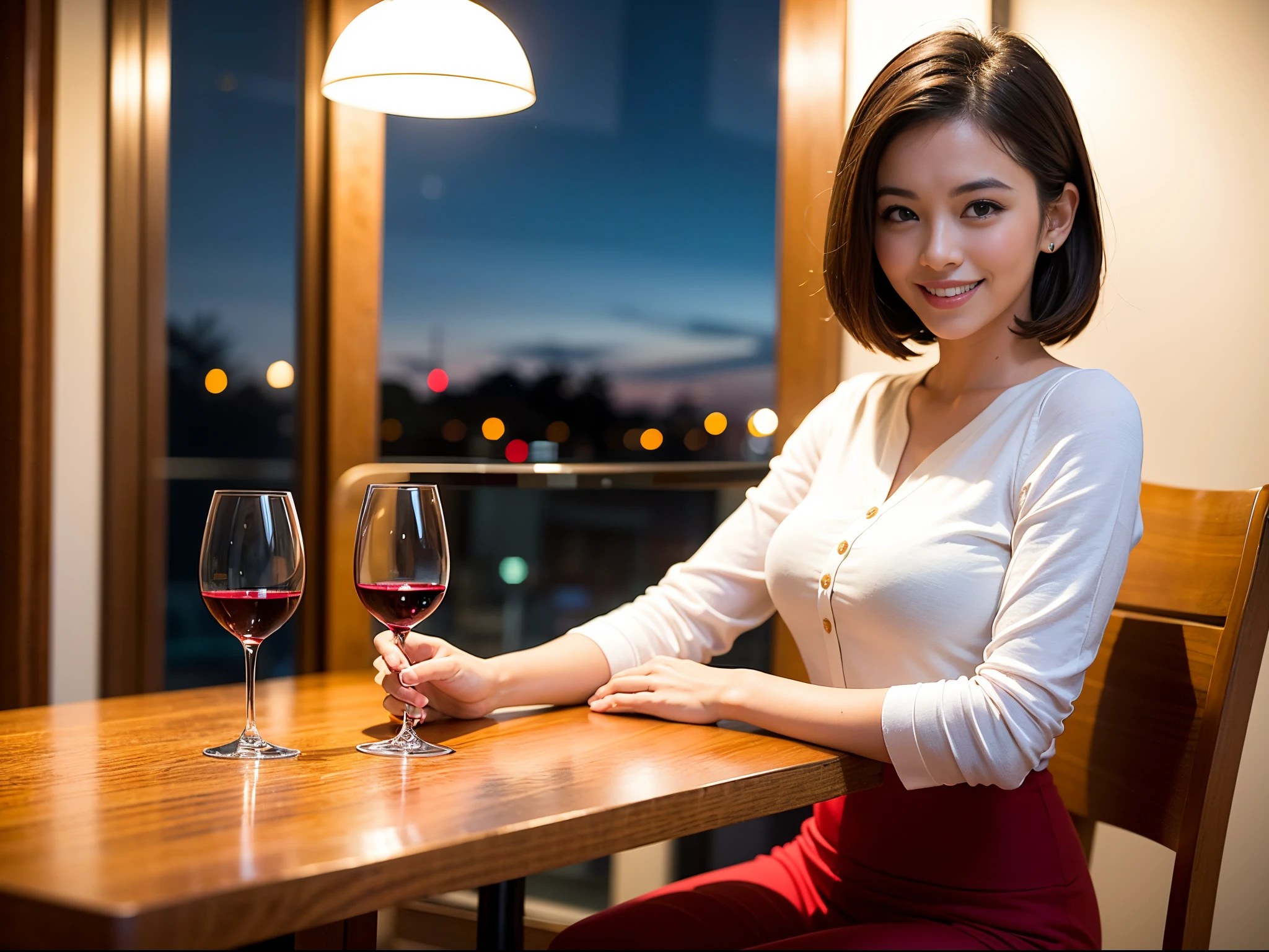 (64K, UHD, top quality, masterpiece: 1.2), (realistic, photorealistic: 1.37), super detailed, pretty woman 1 person, (slim face), (slim body), (brown hair), (short cut), cheeks slightly blushing, (44 years old), 38 years old, solo, beautiful detailed urban night view outside the window, restaurant, wine glasses sit, at night, in a prominent placeNovaFrogStyle, Actress, Model, Waist Up, White Wine, Slim, Wine Glass, Super Clean Night View, Wine Glass Put in the Middle, Happy Smile, (Smile: 1.15), Beautiful Fine Eyes, Upper Body, Bust Japan Up, Night, Short, Short, Actress, Model, Waist Up, White Wine, Slim, Wine Glass, Super Clean Night View, Wine Glass Put in the Middle, Happy Smile,