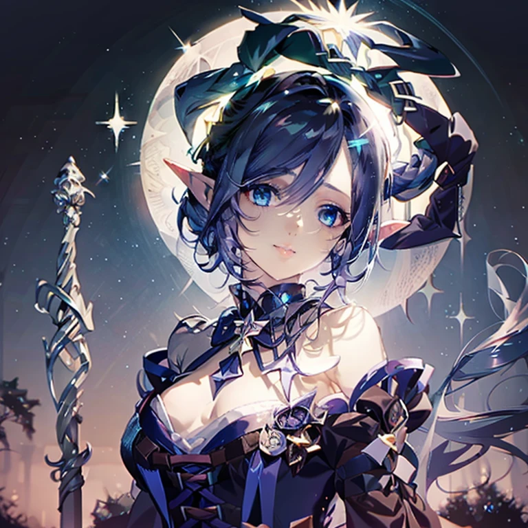 open forehead, clear forehead without bangs, glowing neon bright blue eyes, covered breasts, royal gothic strapless frilly dress, purple wizard hat with lace, straight magic staff , the top of the staff is in the form of a sun with wavy rays and an empty middle, short pointed ears, night, darkness, Volumetric Lighting, backlight