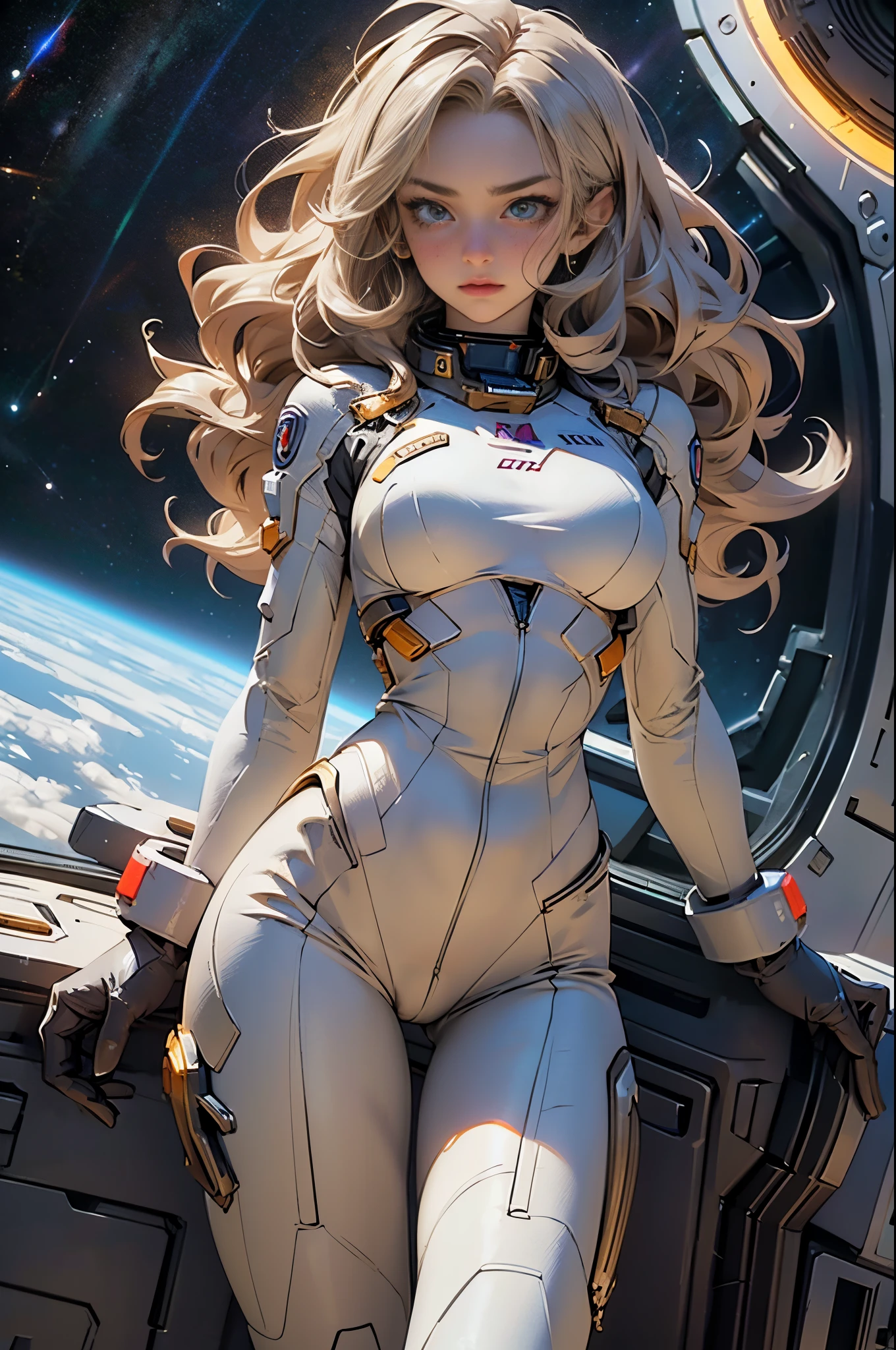 The sandy hair suits her figure very well, Large breasts, lean legs, big chest and thin waist, pilotsuit, Audience watching alone in space, Long gray hair, Determination blushes., 8K, extremly high detail,