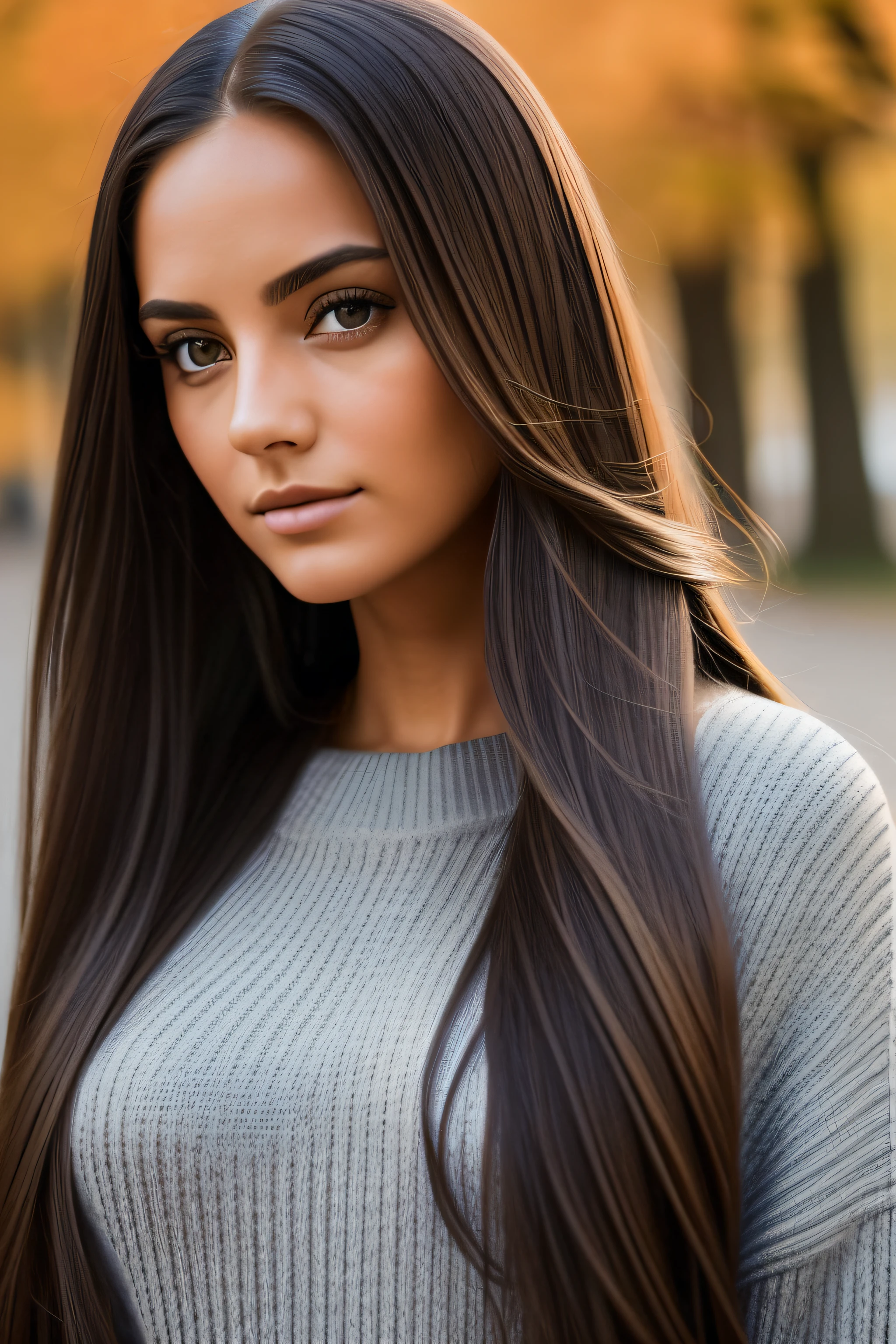 Photograph of a beautiful girl, wear an autumn sweater, long hair on one side, buste lourd 36DD, Look into the camera, eyes symmetrical, symmetrical face, photoreallistic, photographie, Path layout, specular lighting, Volumetric facial light, Hair path, Ombres visibles, complexe, elaborate