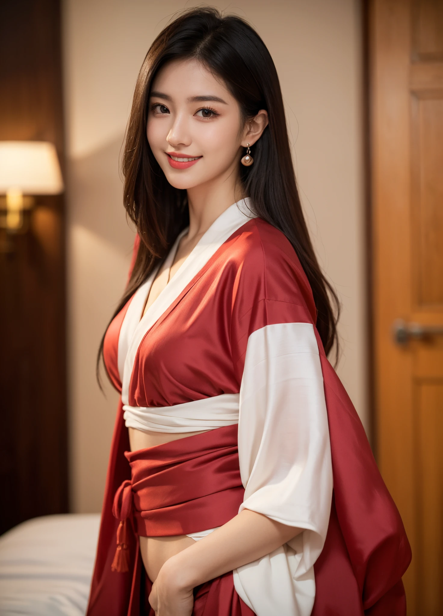(Female, 22 years old, korean), (Medium breasts:1.3), hotels room、 ((Grab the viewer's hand)), (master piece: 1.3), (max resolution: 1.4), (UltraHD: 1.2), cinematric light, UltraHD, (Detailed eyes and skin), (detailed facial features), nffsw, 8K分辨率, Perfect Style, Beautiful expression、Highly detailed facial and skin texture、A detailed eye、二重まぶた、Glitter Eyeliner:1.2、(eyeshadows:1.3)、thin cheekair white skin:1.3)、shiny earrings shoulder length ,Red Rouge:1.2、shiny lip:1.2、((From a very intimate distance:1.2))、((Silk red chinese hanfu))、high-heels、(Layered Hair Style、dark red hair)、medium-Long hair、(Very affectionate smile:1.2), medium full cowboy shot, front view, thighs, standing pose, long necklace with blue pearl, , anklets, blue eyes, chain on belly, sea side, sun shine on body, sweat and wetty body:1.5