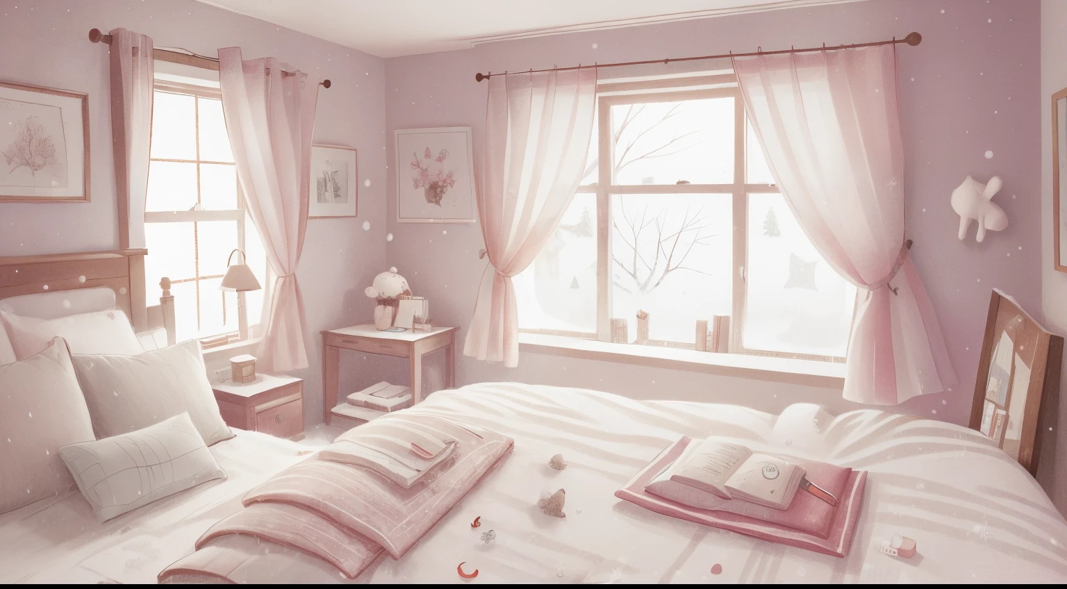 A bed in the bedroom, front view, with a window in the background through which you can see snow falling